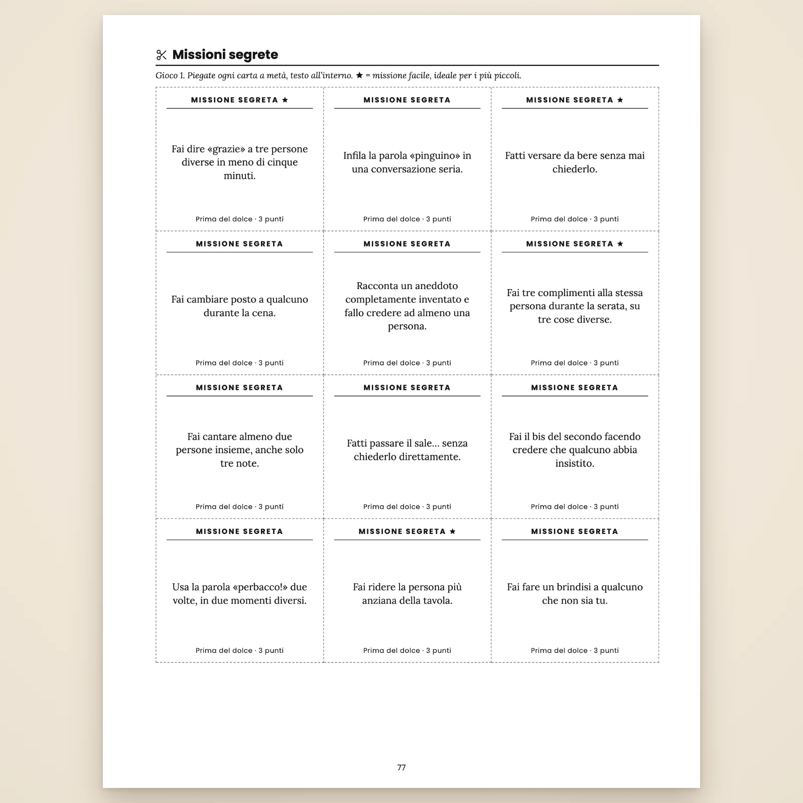 Pagina del kit da ritagliare: 12 carte Missione segreta con linee tratteggiate di taglio, per esempio «Fatti versare da bere senza mai chiederlo», le missioni facili segnate con una stella, 3 punti ciascuna