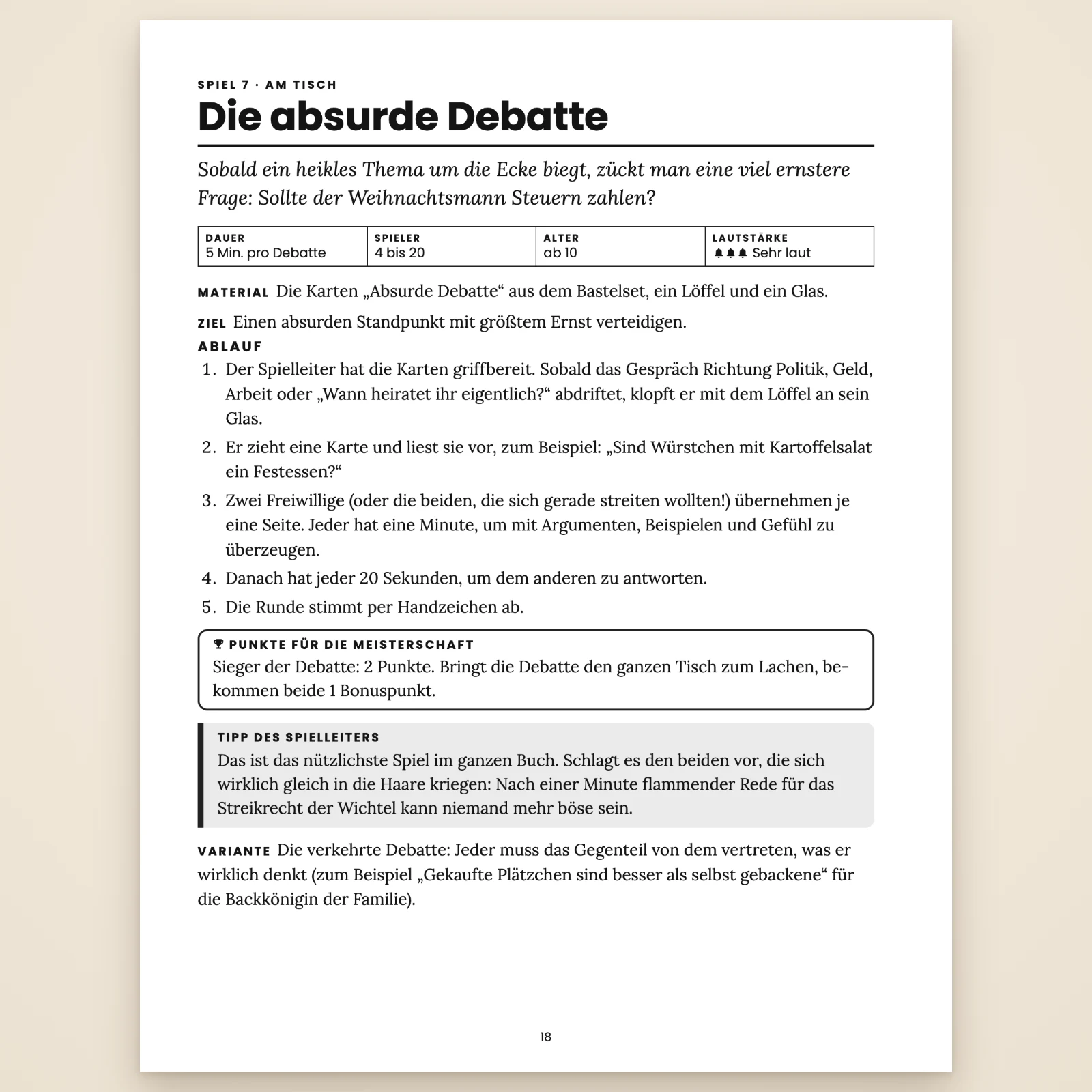 Seite von Spiel 7 „Die absurde Debatte“: 5 Min. pro Debatte, 4 bis 20 Spieler, ab 10 Jahren, sehr laut, Material, Ziel, Ablauf in 5 Schritten, Punkte für die Meisterschaft, Tipp des Spielleiters und eine Variante