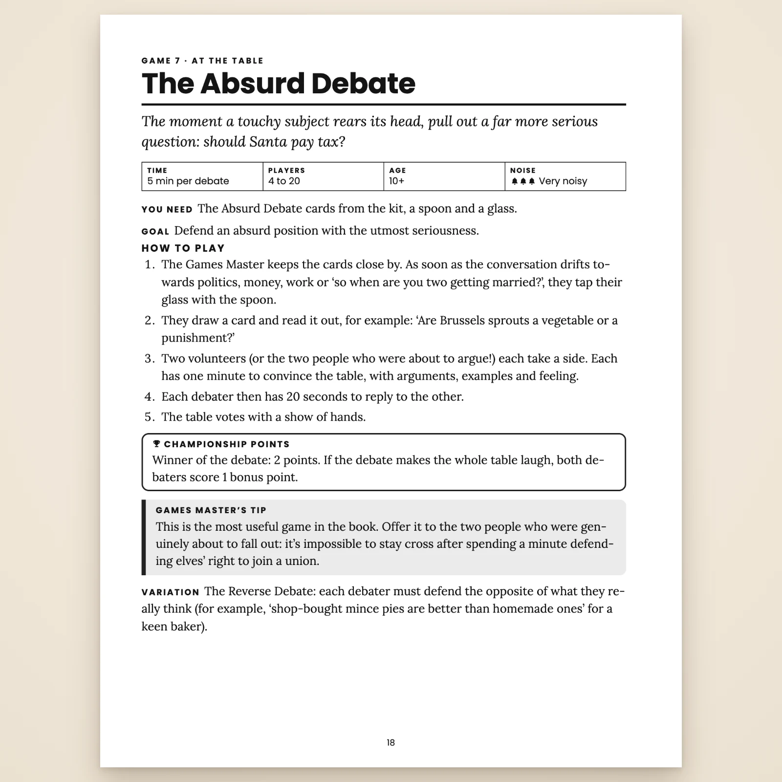 Page of game 7 “The Absurd Debate”: 5 min per debate, 4 to 20 players, age 10+, very noisy, what you need, goal, 5 steps, Championship points, the Games Master’s tip and a variation