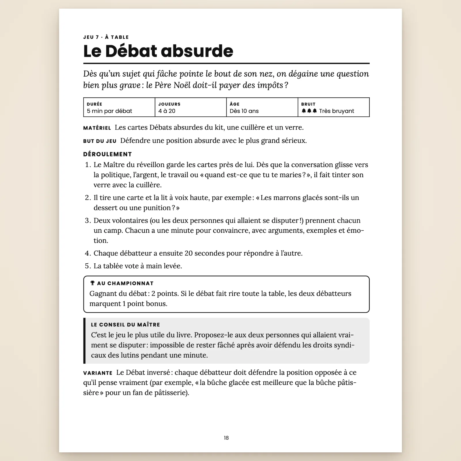 Page du jeu 7 « Le Débat absurde » : 5 min par débat, 4 à 20 joueurs, dès 10 ans, très bruyant, matériel, but du jeu, déroulement en 5 étapes, points au Championnat, conseil du Maître et variante
