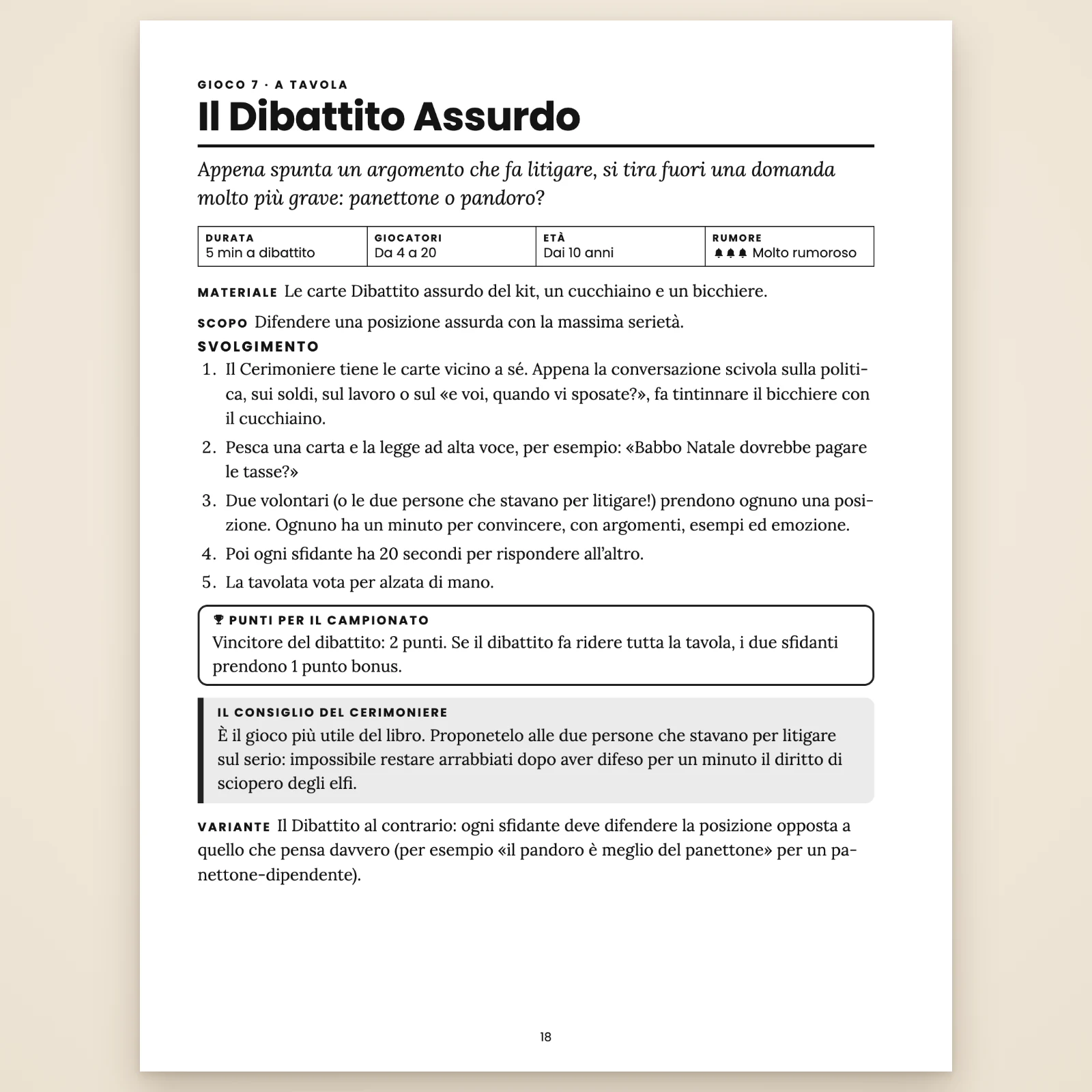Scheda del gioco 7 «Il Dibattito Assurdo»: 5 min a dibattito, da 4 a 20 giocatori, dai 10 anni, molto rumoroso, materiale, scopo, svolgimento in 5 fasi, punti per il Campionato, il consiglio del Cerimoniere e una variante