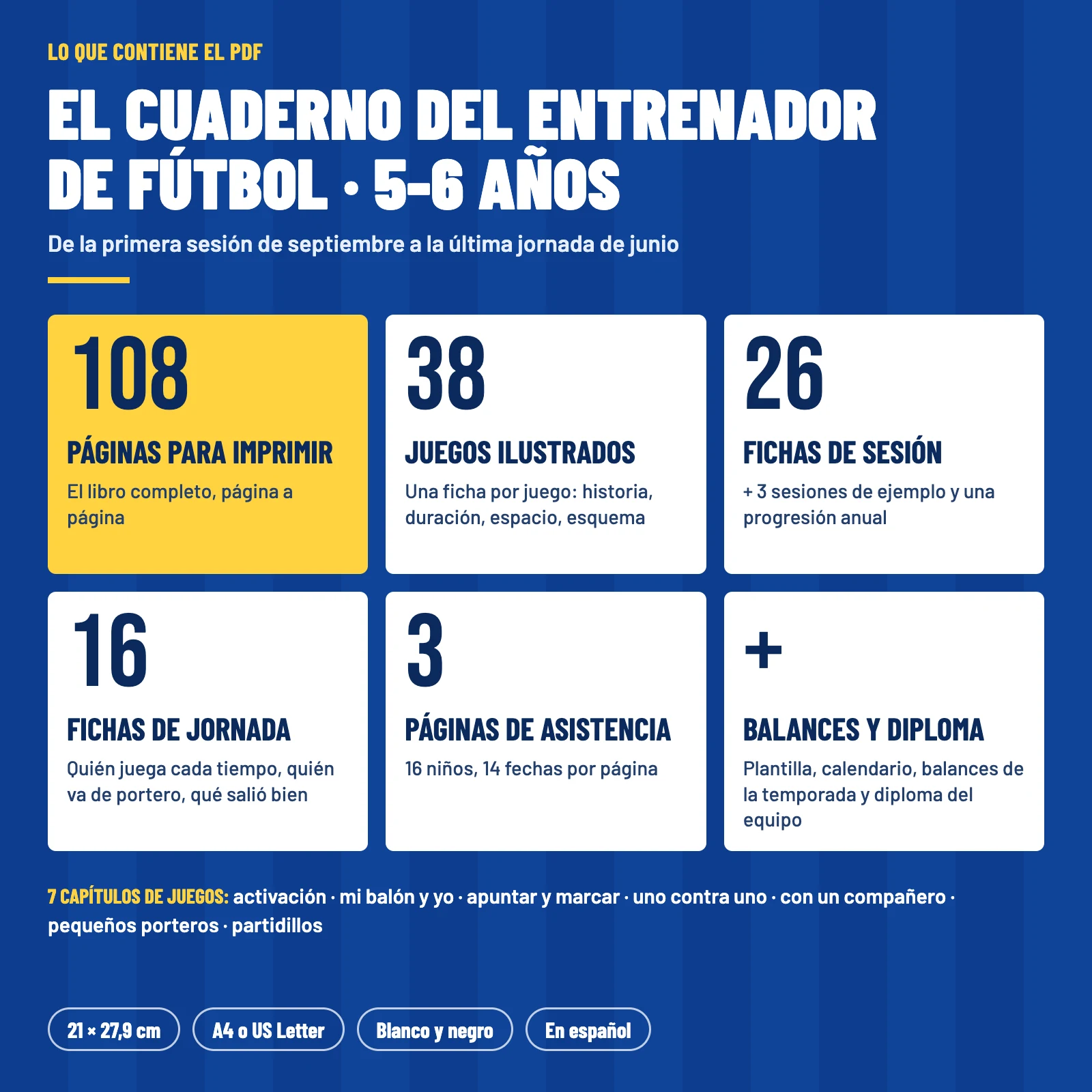 Contenido del PDF: 108 páginas para imprimir, 38 juegos ilustrados en 7 capítulos, 26 fichas de sesión, 16 fichas de jornada, 3 páginas de asistencia, balances y diploma del equipo, 21 × 27,9 cm, en blanco y negro