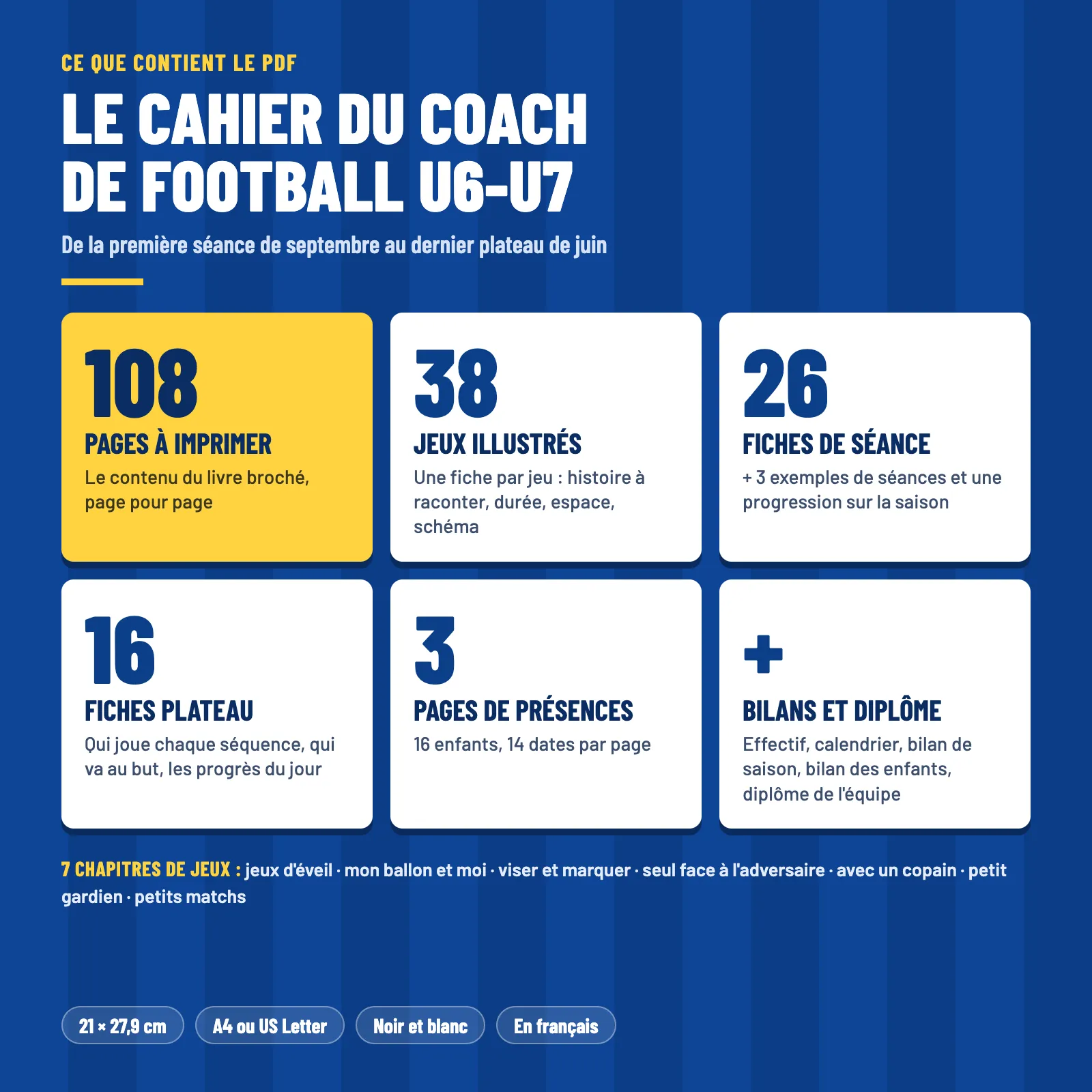 Contenu du PDF : 108 pages, 38 jeux illustrés en 7 chapitres, 26 fiches de séance, 16 fiches plateau, 3 pages de présences, bilans et diplôme de l'équipe, format 21 × 27,9 cm en noir et blanc