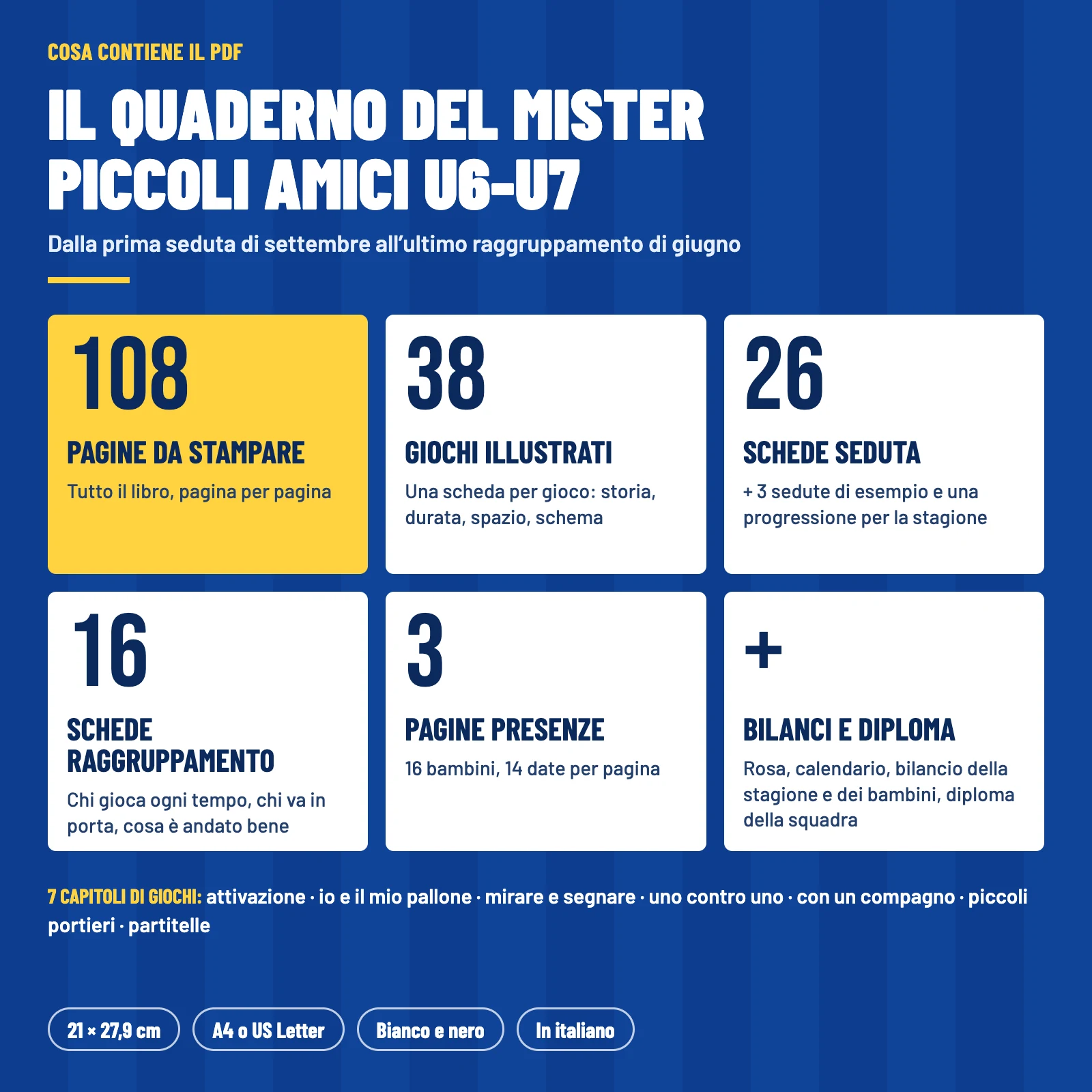 Contenuto del PDF: 108 pagine da stampare, 38 giochi illustrati in 7 capitoli, 26 schede seduta, 16 schede raggruppamento, 3 pagine presenze, bilanci e diploma della squadra, 21 × 27,9 cm, in bianco e nero