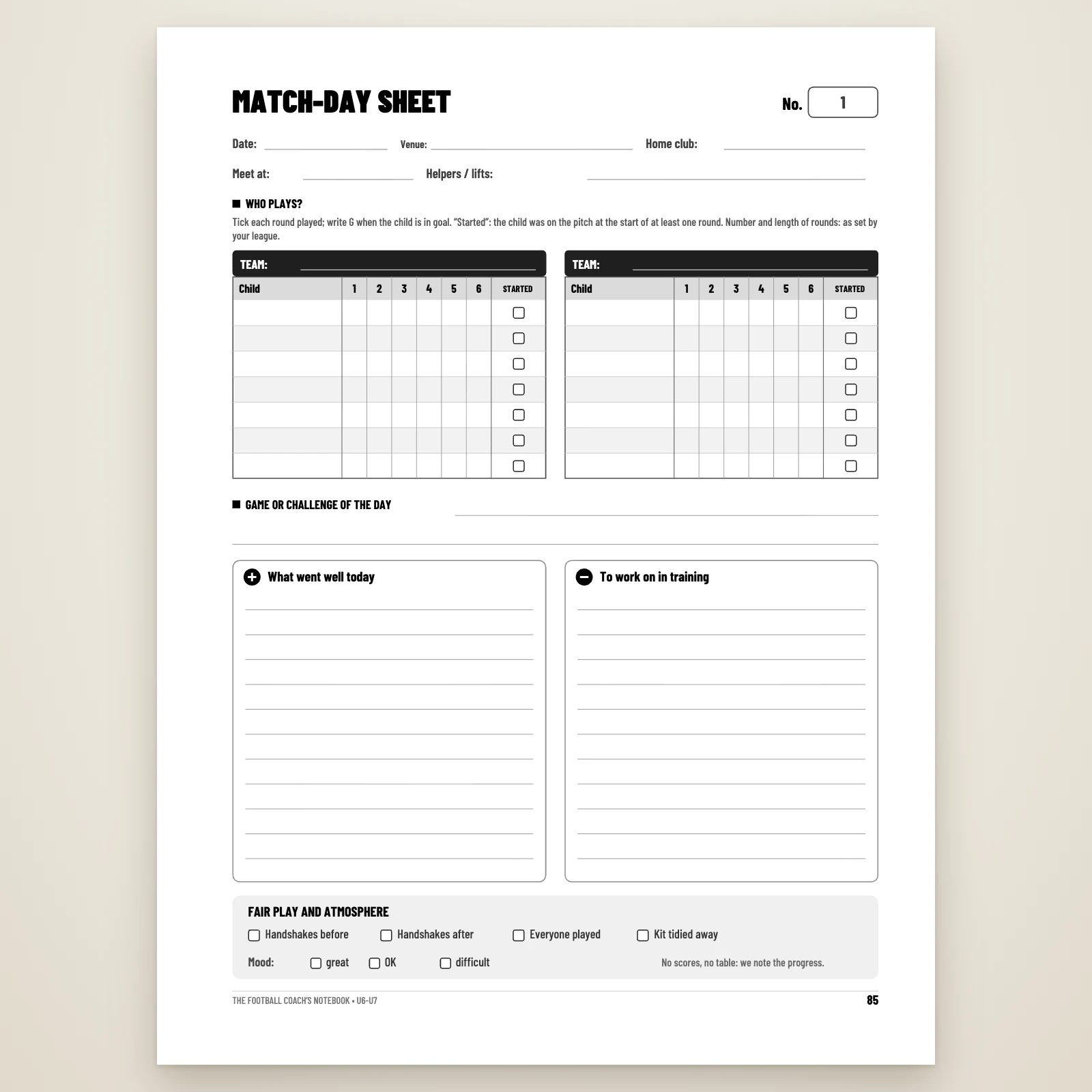 Blank match-day sheet: date, venue, home club, “Who plays?” grid for two teams over 6 rounds, game or challenge of the day, what went well, things to work on, fair play and atmosphere