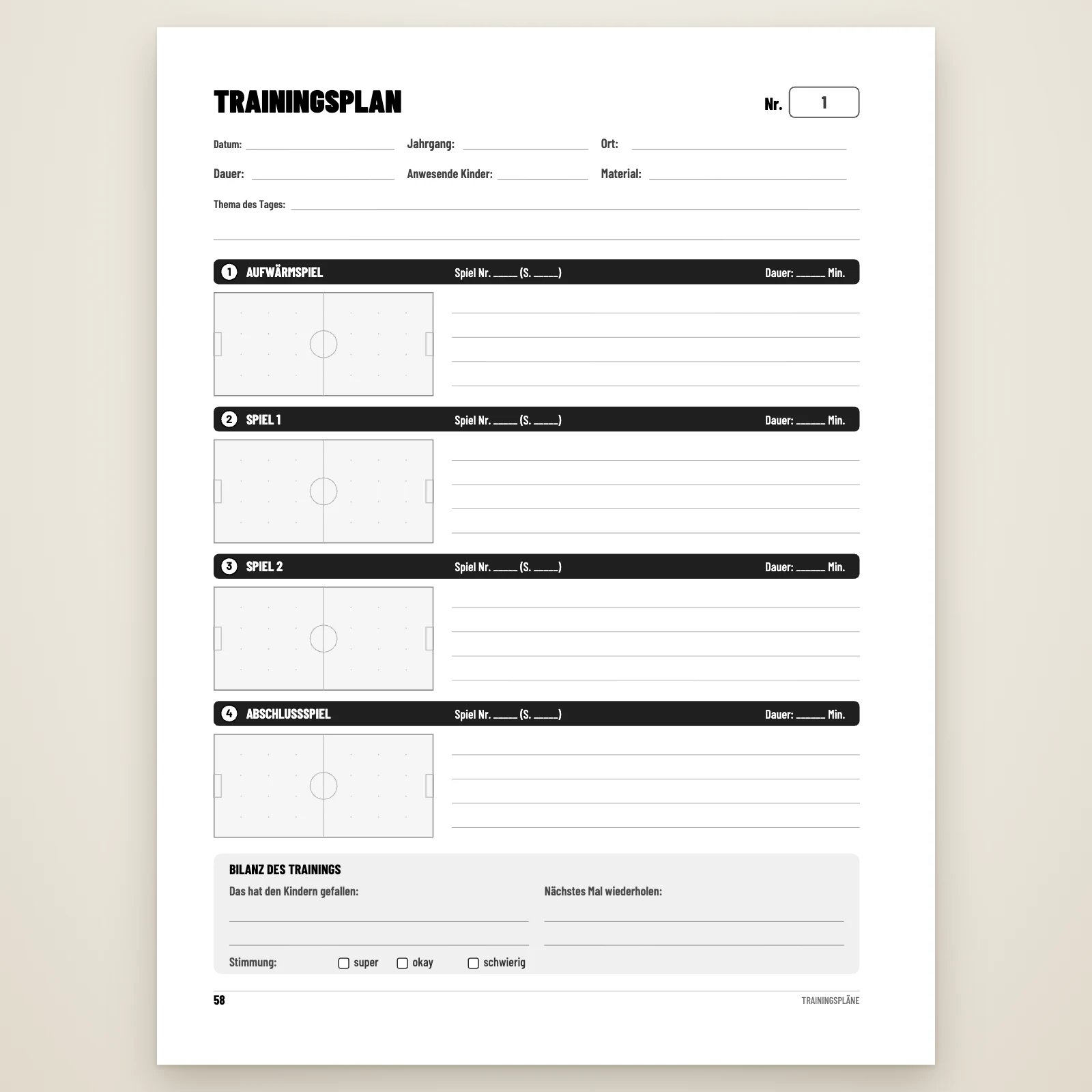 Leerer Trainingsplan: Datum, Ort, anwesende Kinder, Thema des Tages, dann Aufwärmspiel, Spiel 1, Spiel 2 und Abschlussspiel, je mit kleinem Spielfeld zum Zeichnen, und Bilanz des Trainings