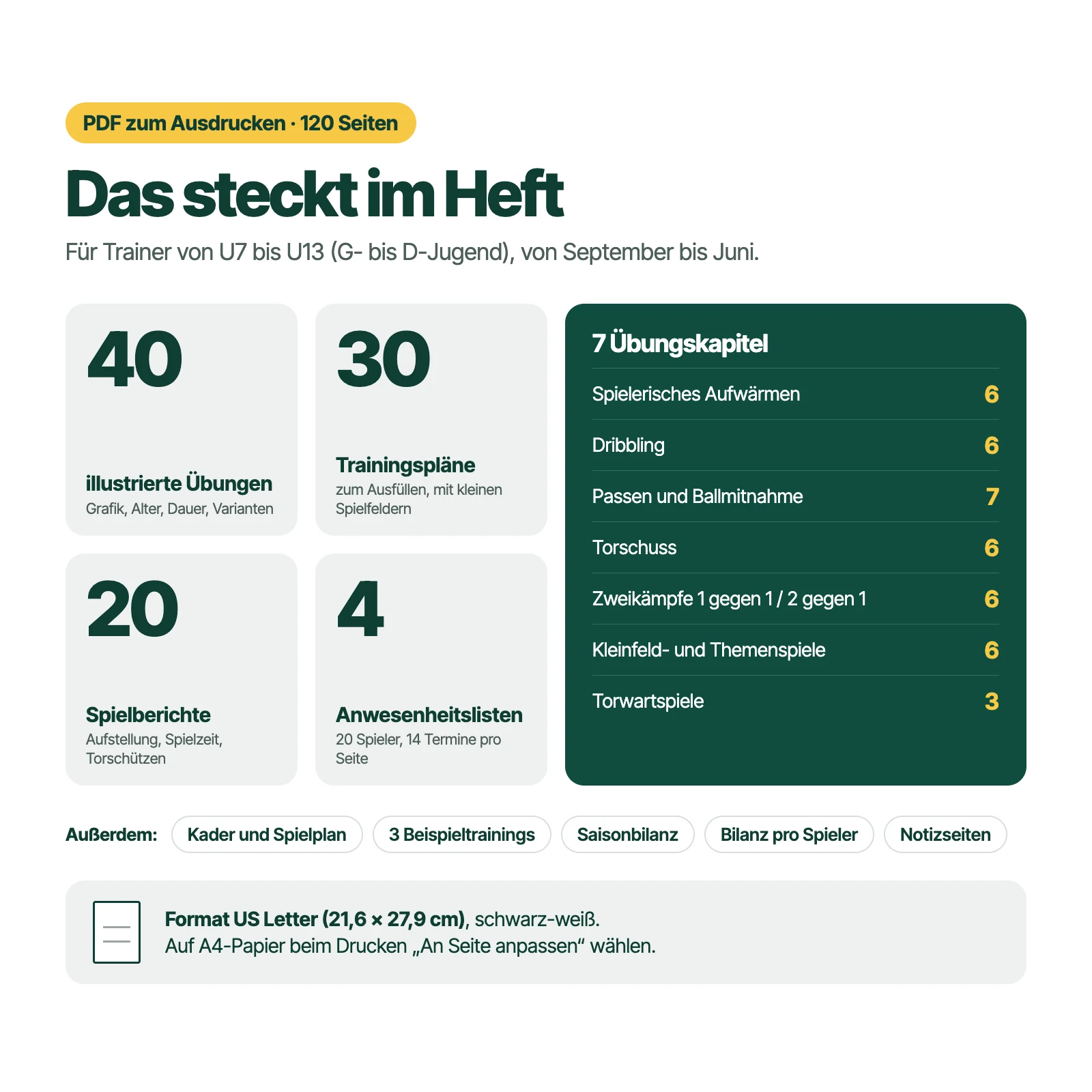 Inhalt: PDF mit 120 Seiten, 40 Übungen in 7 Kapiteln, 30 Trainingspläne, 20 Spielberichte, 4 Anwesenheitslisten, US-Letter-Format, auf A4 druckbar