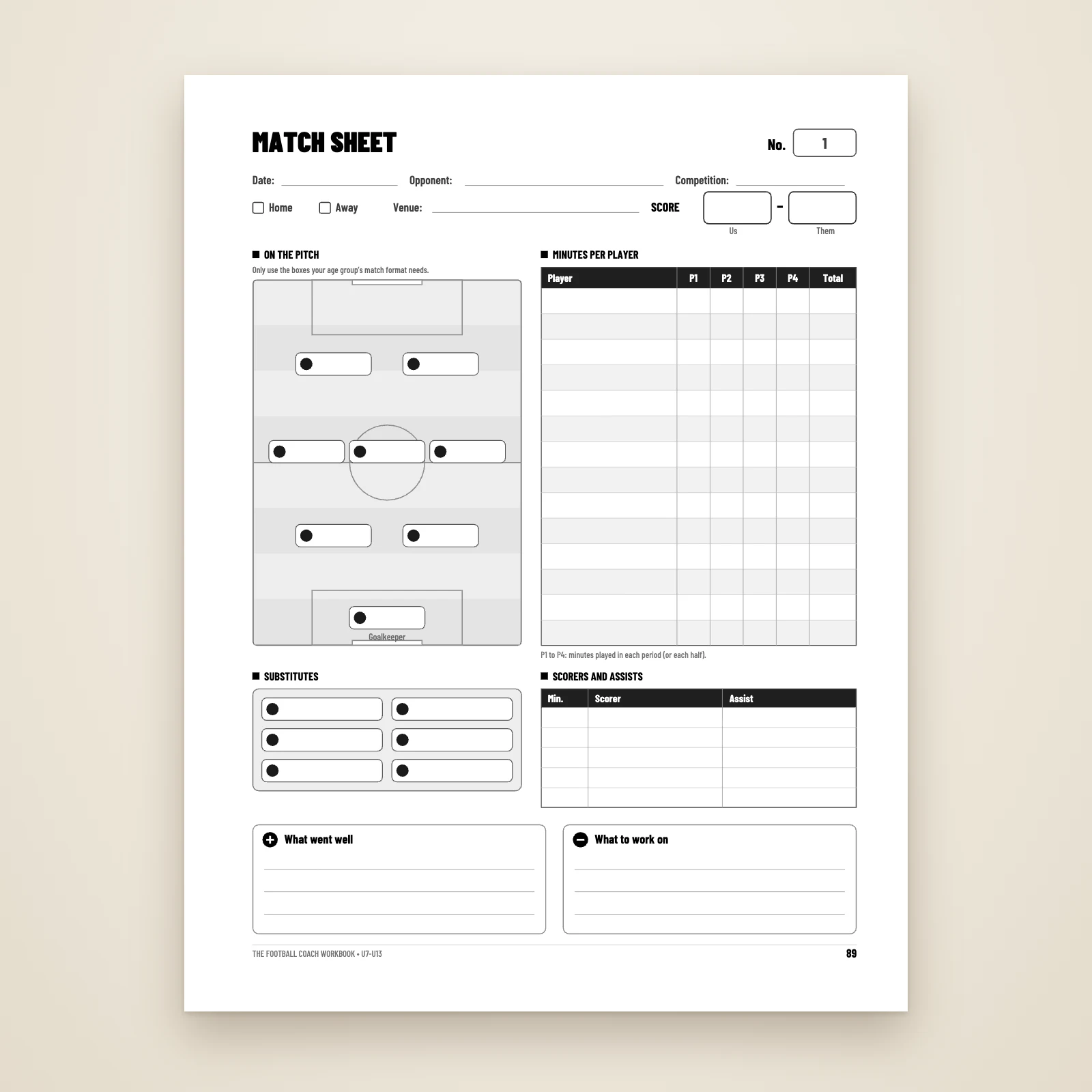 Blank match sheet: score, line-up on the pitch, substitutes, minutes per player, scorers and assists, what went well and what to work on