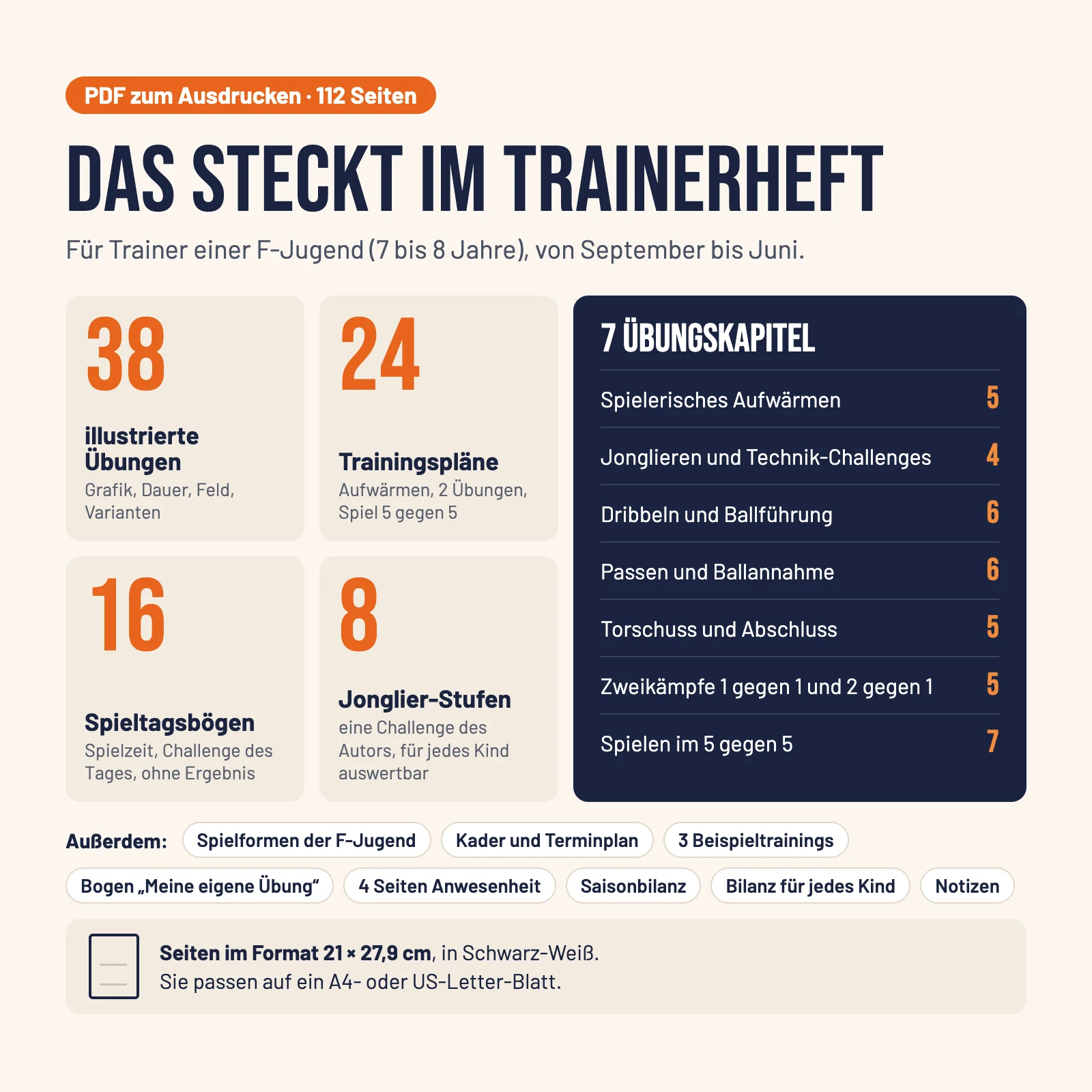 Inhalt: PDF mit 112 Seiten, 38 Übungen in 7 Kapiteln, 24 Trainingspläne, 16 Spieltagsbögen, Jonglier-Challenge in 8 Stufen, Seiten 21 × 27,9 cm in Schwarz-Weiß