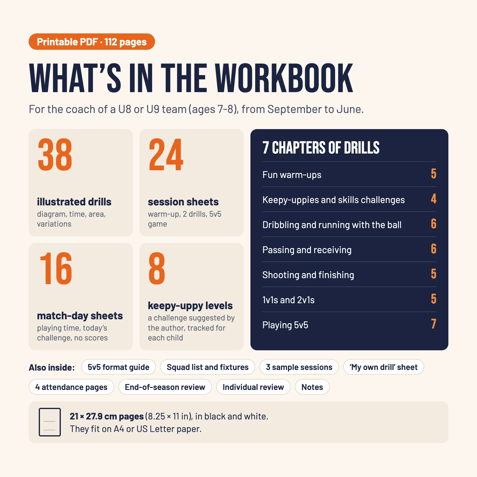 What’s inside: 112-page PDF, 38 drills in 7 chapters, 24 session sheets, 16 match-day sheets, 8-level keepy-uppy challenge, 21 × 27.9 cm black-and-white pages