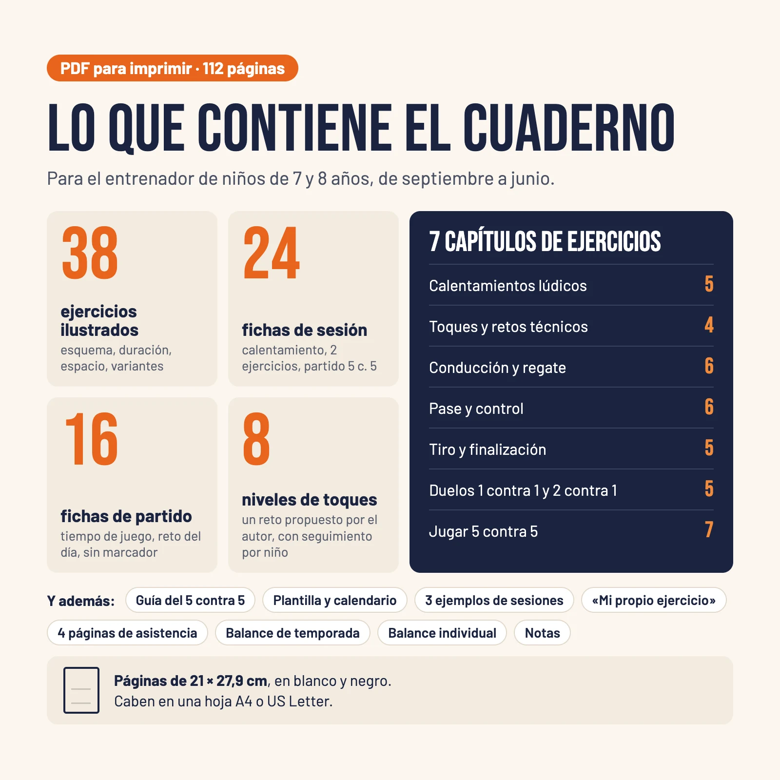 Contenido: PDF de 112 páginas, 38 ejercicios en 7 capítulos, 24 fichas de sesión, 16 fichas de partido, reto de toques en 8 niveles, páginas de 21 × 27,9 cm en blanco y negro