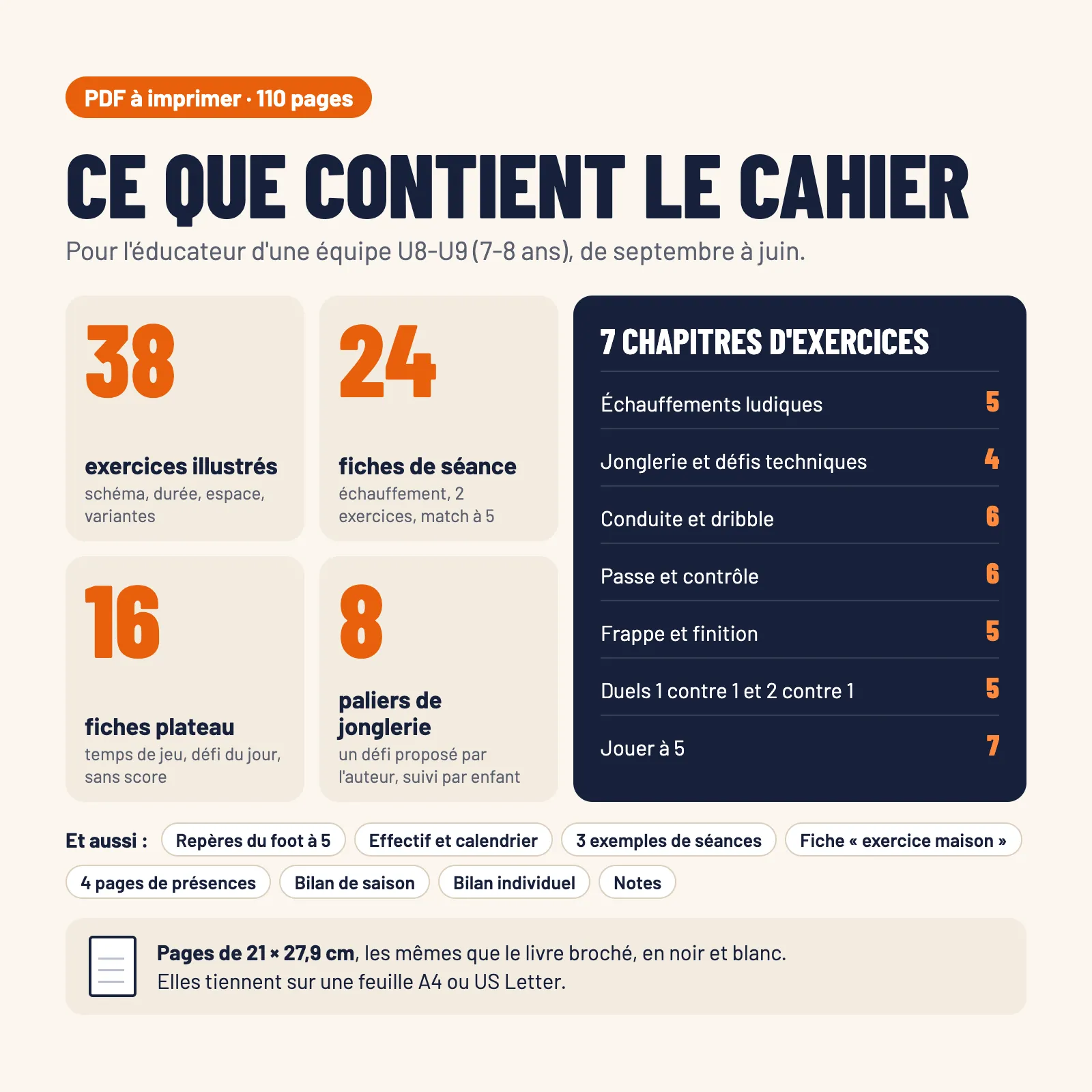Contenu du cahier : PDF de 110 pages, 38 exercices en 7 chapitres, 24 fiches de séance, 16 fiches plateau, défi jonglerie en 8 paliers, pages de 21 × 27,9 cm en noir et blanc