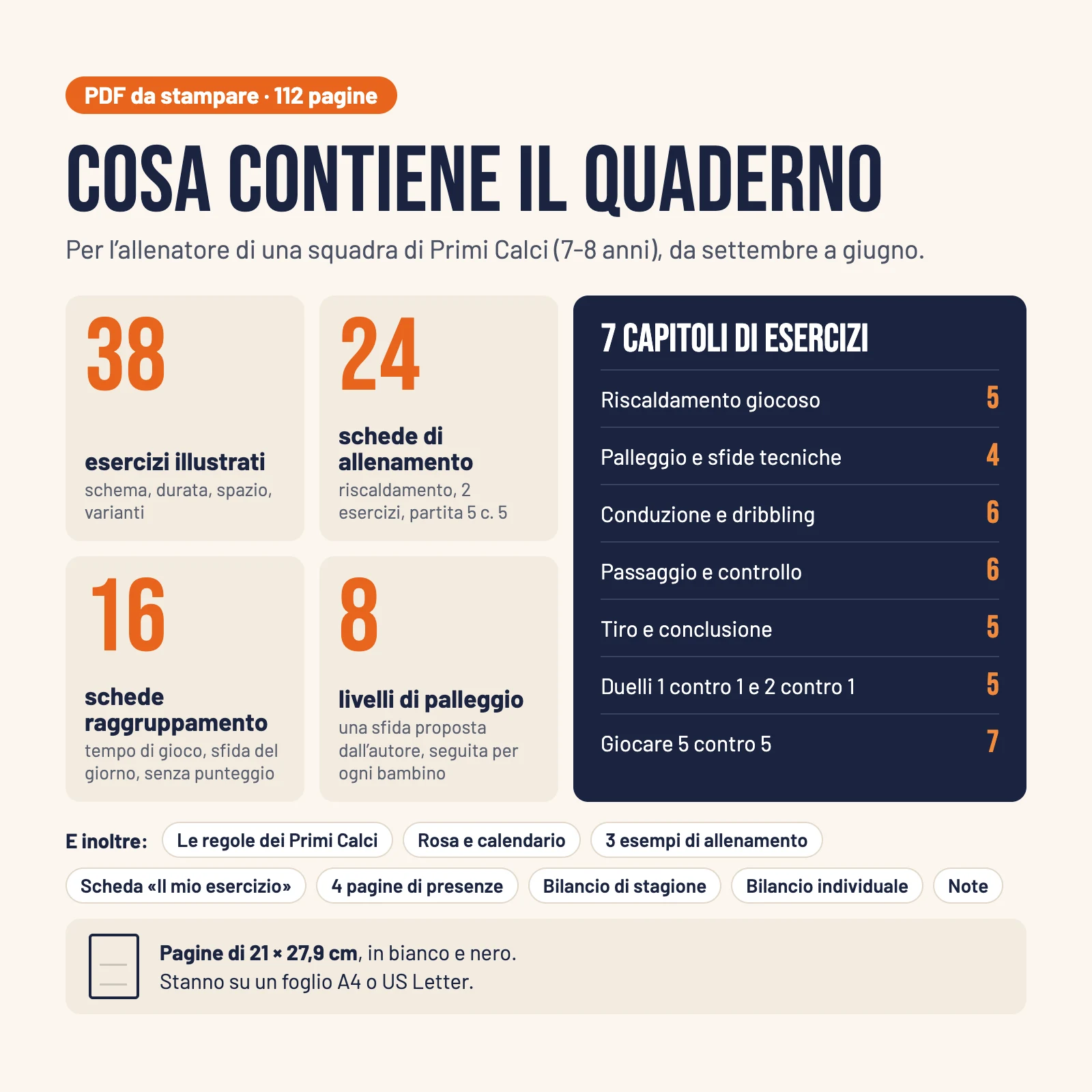 Contenuto: PDF di 112 pagine, 38 esercizi in 7 capitoli, 24 schede di allenamento, 16 schede dei raggruppamenti, sfida di palleggio in 8 livelli, pagine di 21 × 27,9 cm in bianco e nero