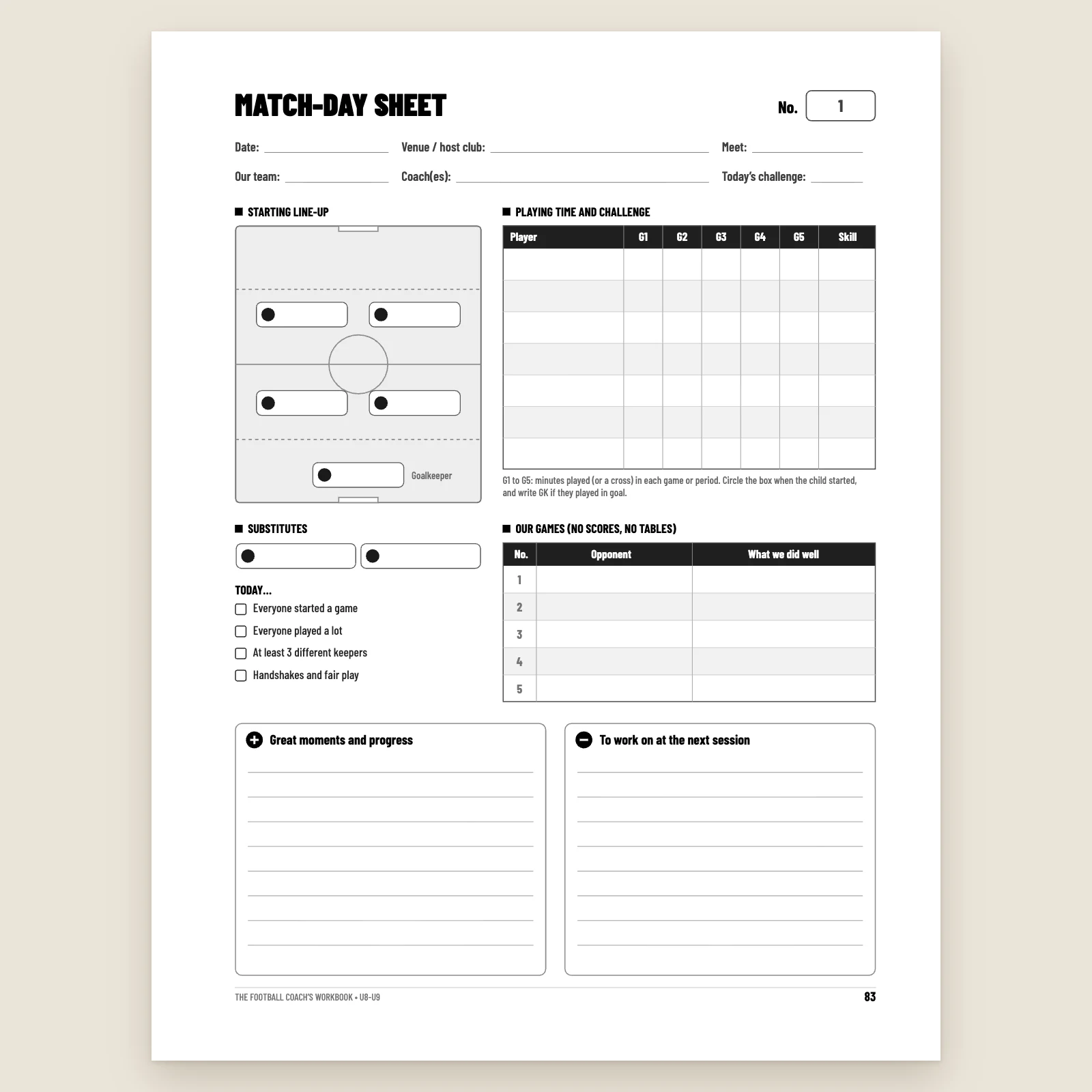 Blank match-day sheet: starting line-up on a pitch, substitutes, playing time and challenge per player over 5 games, games with no scores, progress and things to work on
