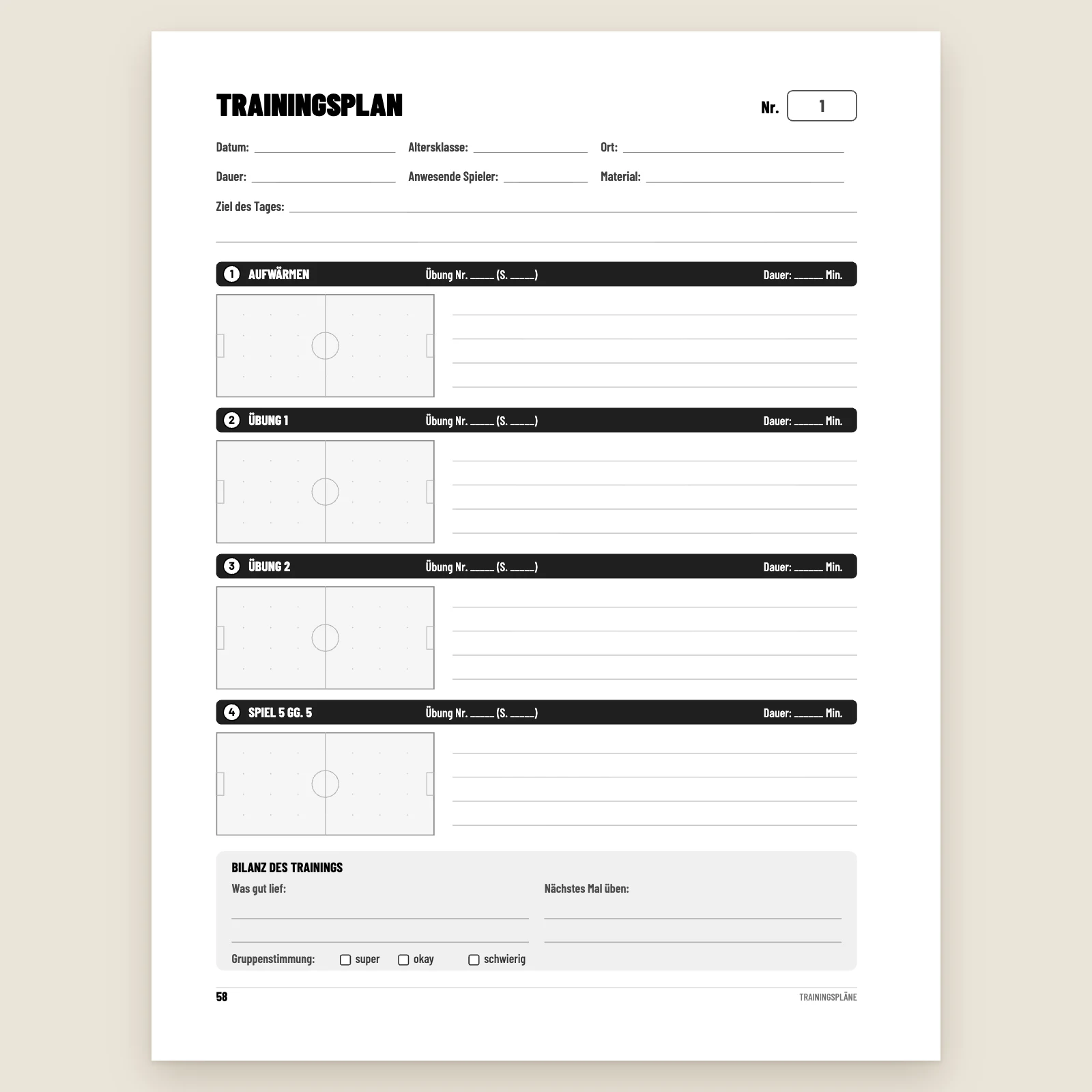 Leerer Trainingsplan: Datum, Ort, Ziel des Tages, Aufwärmen, Übung 1, Übung 2 und Spiel 5 gegen 5, je mit kleinem Spielfeld zum Zeichnen, Bilanz des Trainings