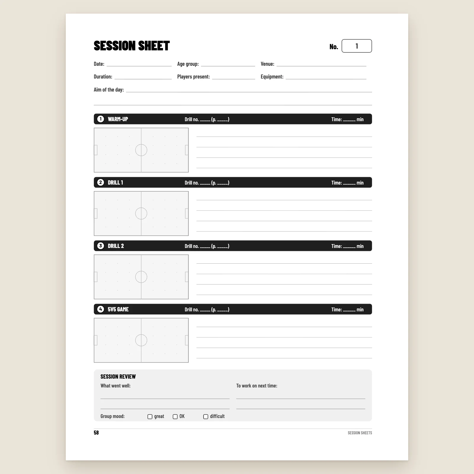 Blank session sheet: date, venue, aim of the day, warm-up, drill 1, drill 2 and 5v5 game, each with a small pitch to draw on, session review