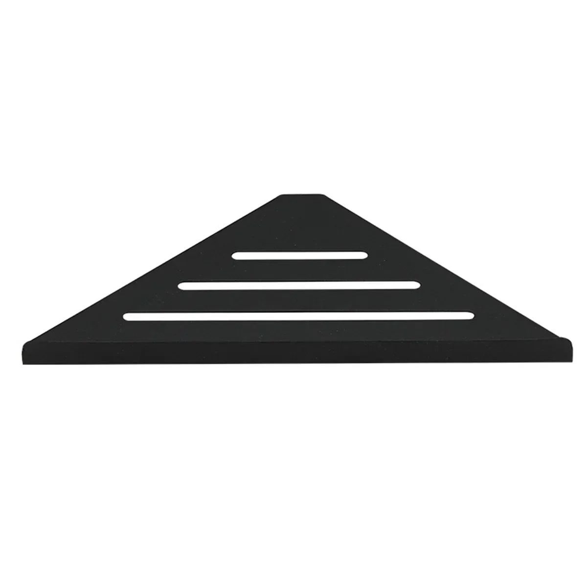 Étagère d'angle triangulaire noire vue de dessus, avec ses trois fentes d'écoulement, sur fond blanc