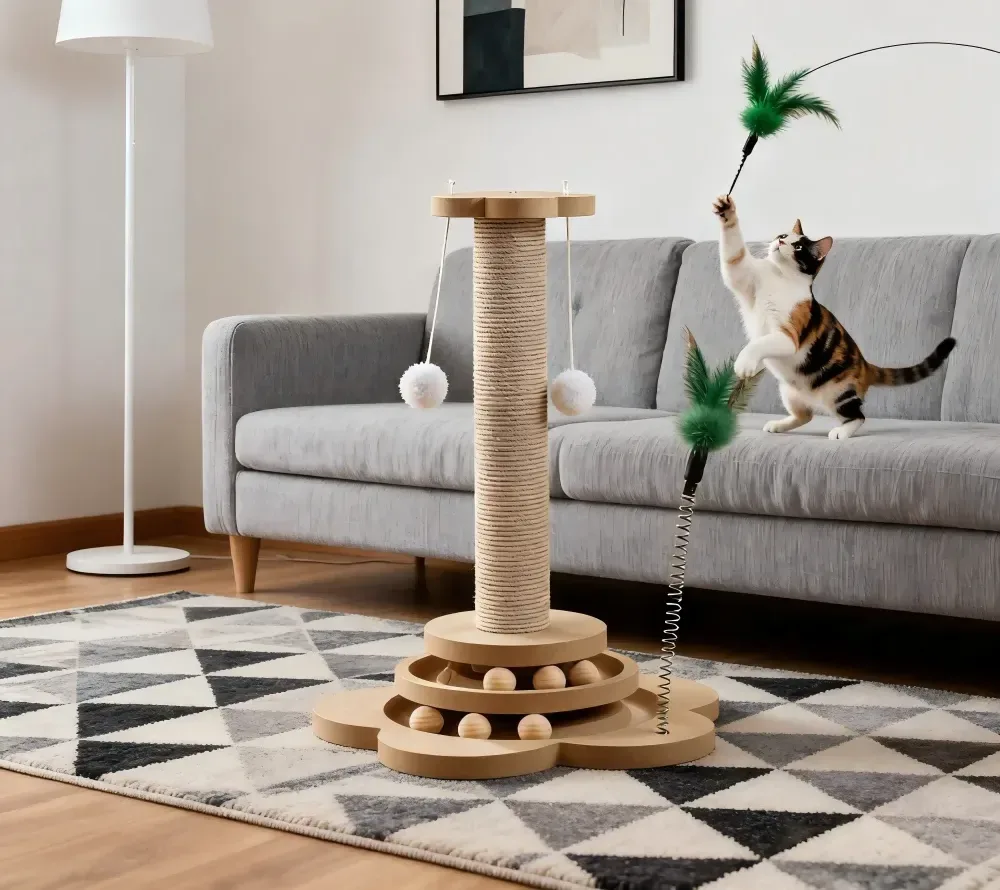Chat qui attrape la plume du griffoir, posé sur un tapis devant un canapé gris