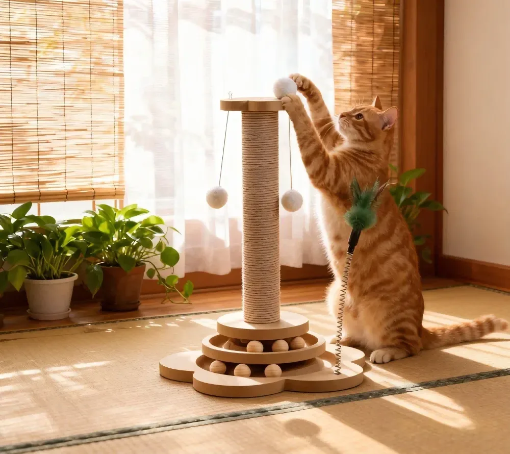 Chat roux dressé contre la colonne en sisal du griffoir, devant une fenêtre