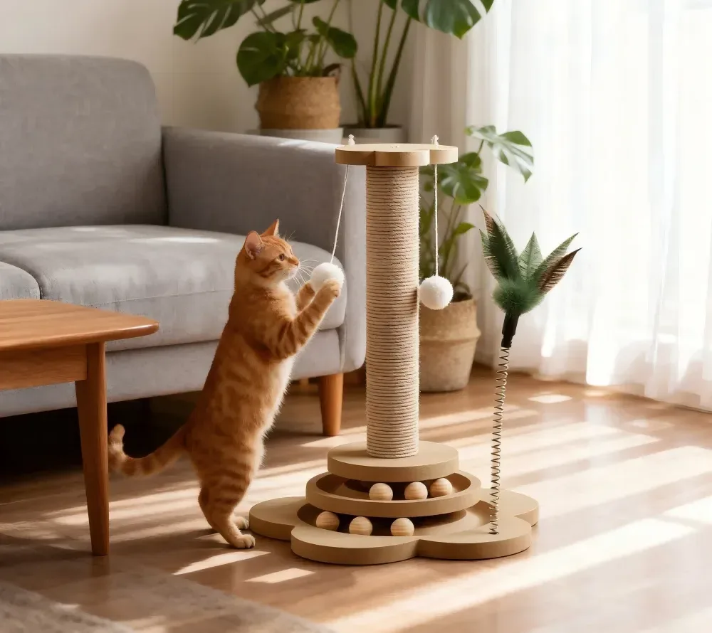 Chat roux qui joue avec la balle suspendue du griffoir, dans un salon