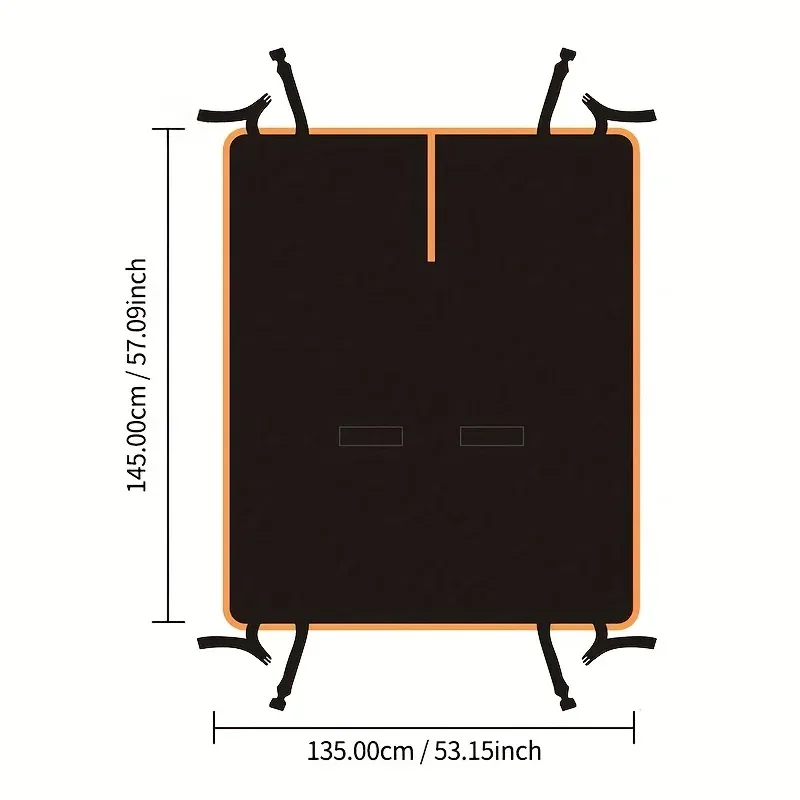 Schéma de la housse : 145 cm de longueur sur 135 cm de largeur, avec les sangles de fixation