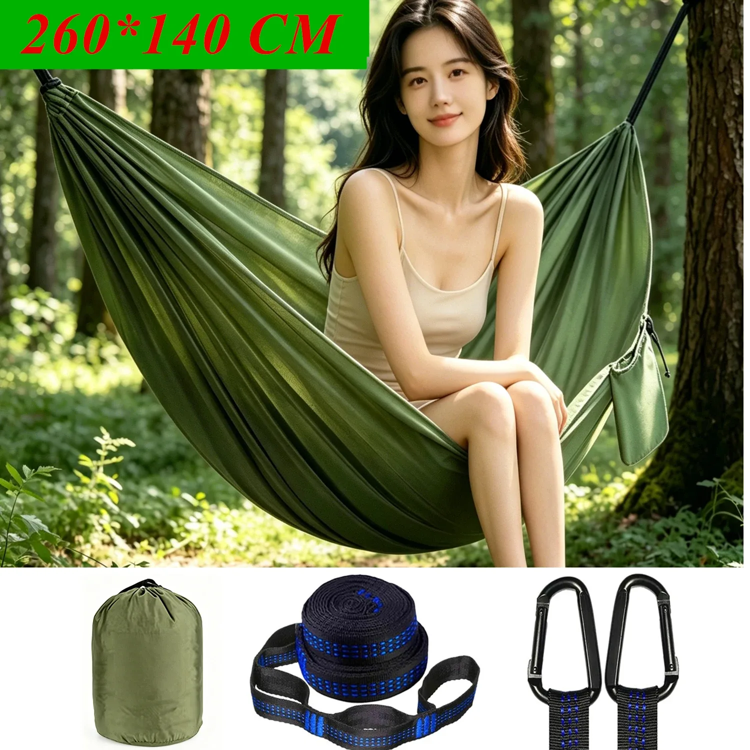 Femme assise dans un hamac vert, avec le sac de rangement, les sangles et les mousquetons fournis