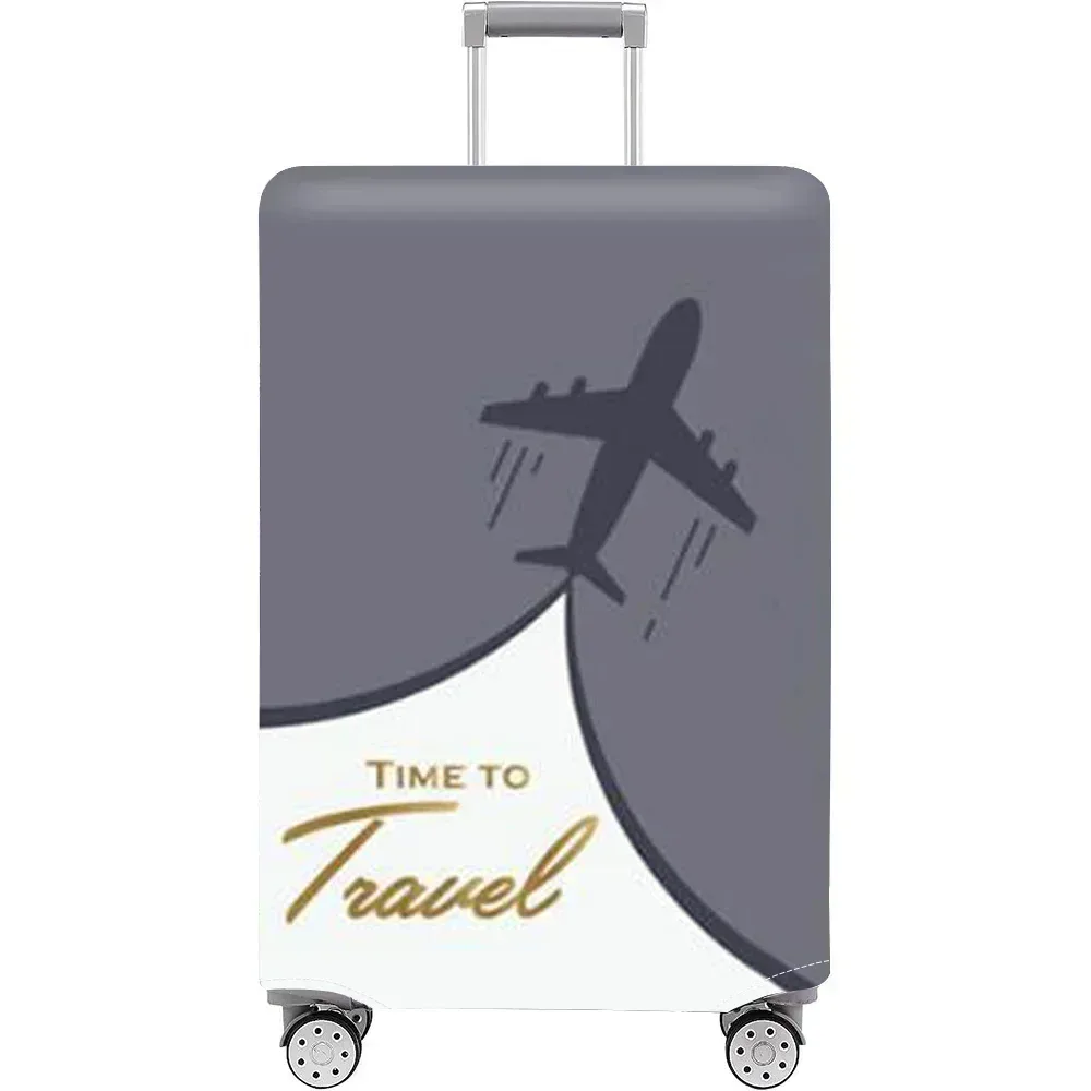 Housse de valise élastique grise, motif avion « Time to Travel », enfilée sur une valise cabine à roulettes