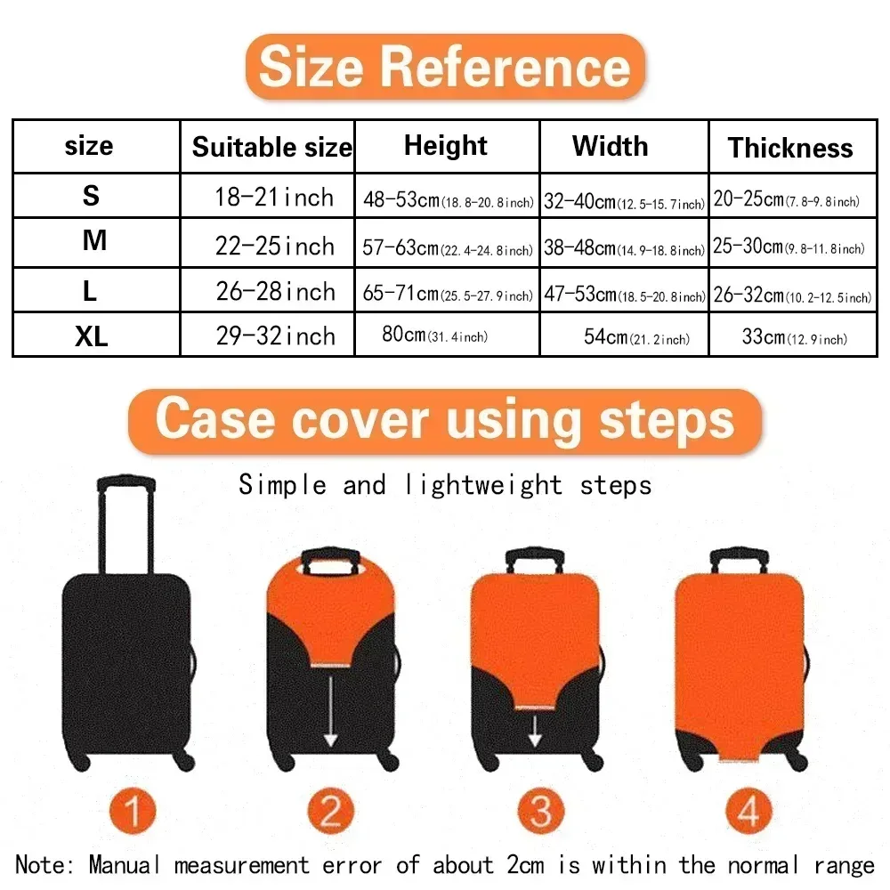 Tableau des tailles de la housse : S pour valises de 18 à 21 pouces, M de 22 à 25, L de 26 à 28 et XL de 29 à 32, avec les quatre étapes de pose
