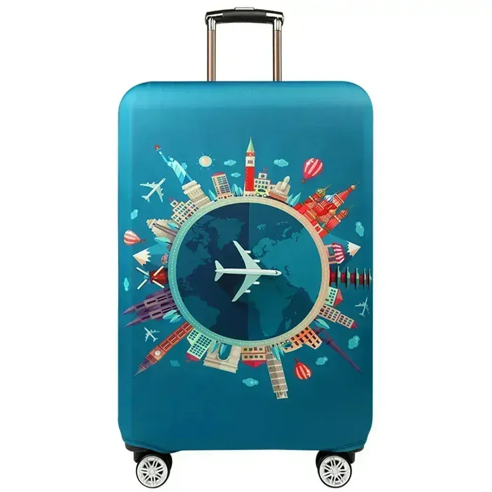 Valise recouverte d'une housse élastique à motif globe, avec la poignée qui dépasse (exemple avec un autre motif)