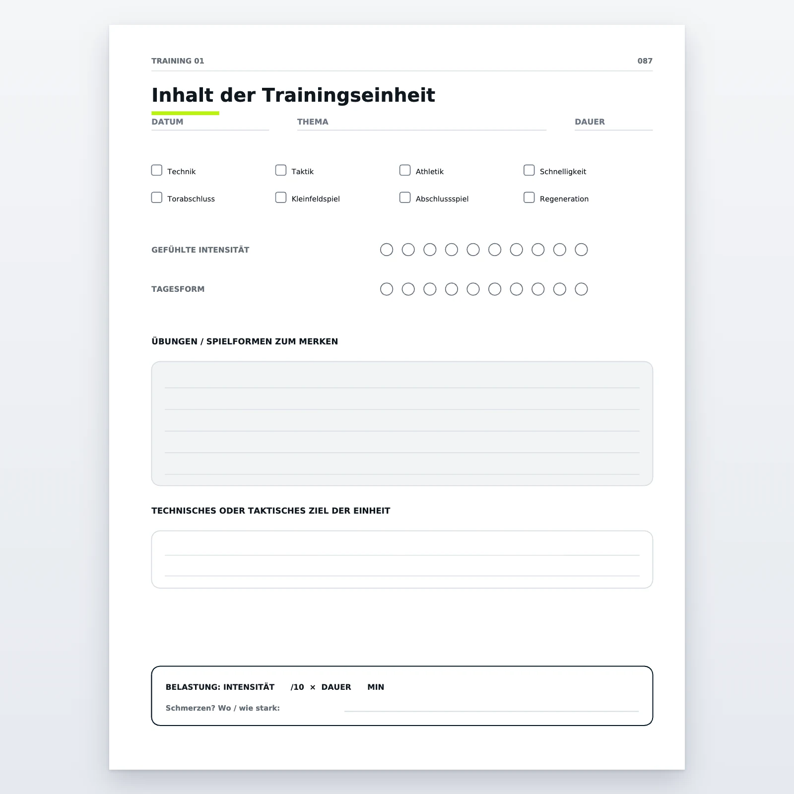 Trainingsseite „Inhalt der Trainingseinheit“: Datum, Thema, Dauer, Trainingsart zum Ankreuzen, gefühlte Intensität, Übungen zum Merken und Belastung