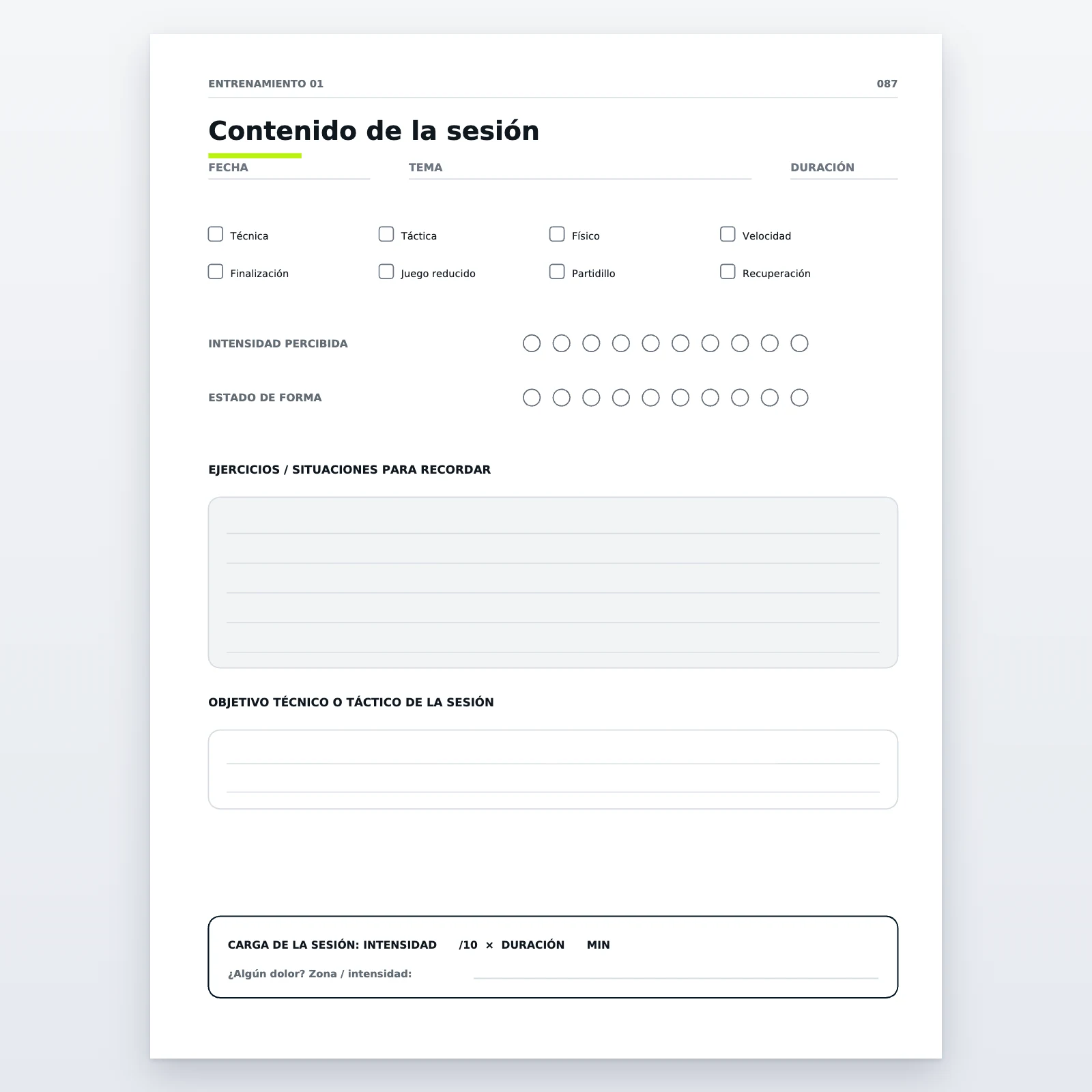 Página «Contenido de la sesión» de un entrenamiento: fecha, tema, duración, tipo de trabajo para marcar, intensidad percibida, ejercicios para recordar y carga de la sesión