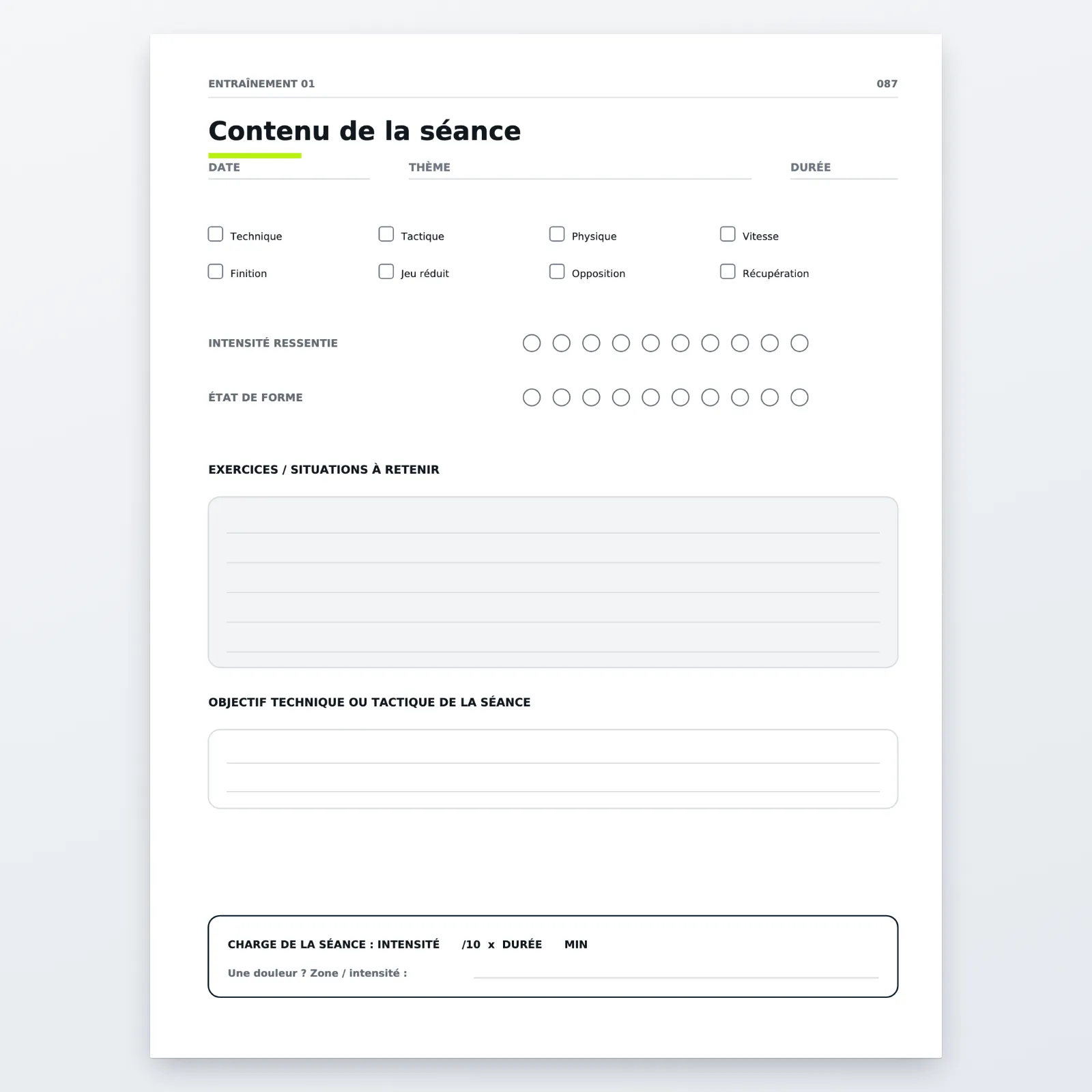 Page « Contenu de la séance » d'un entraînement : date, thème, durée, type de travail à cocher, intensité ressentie, exercices à retenir et charge de la séance