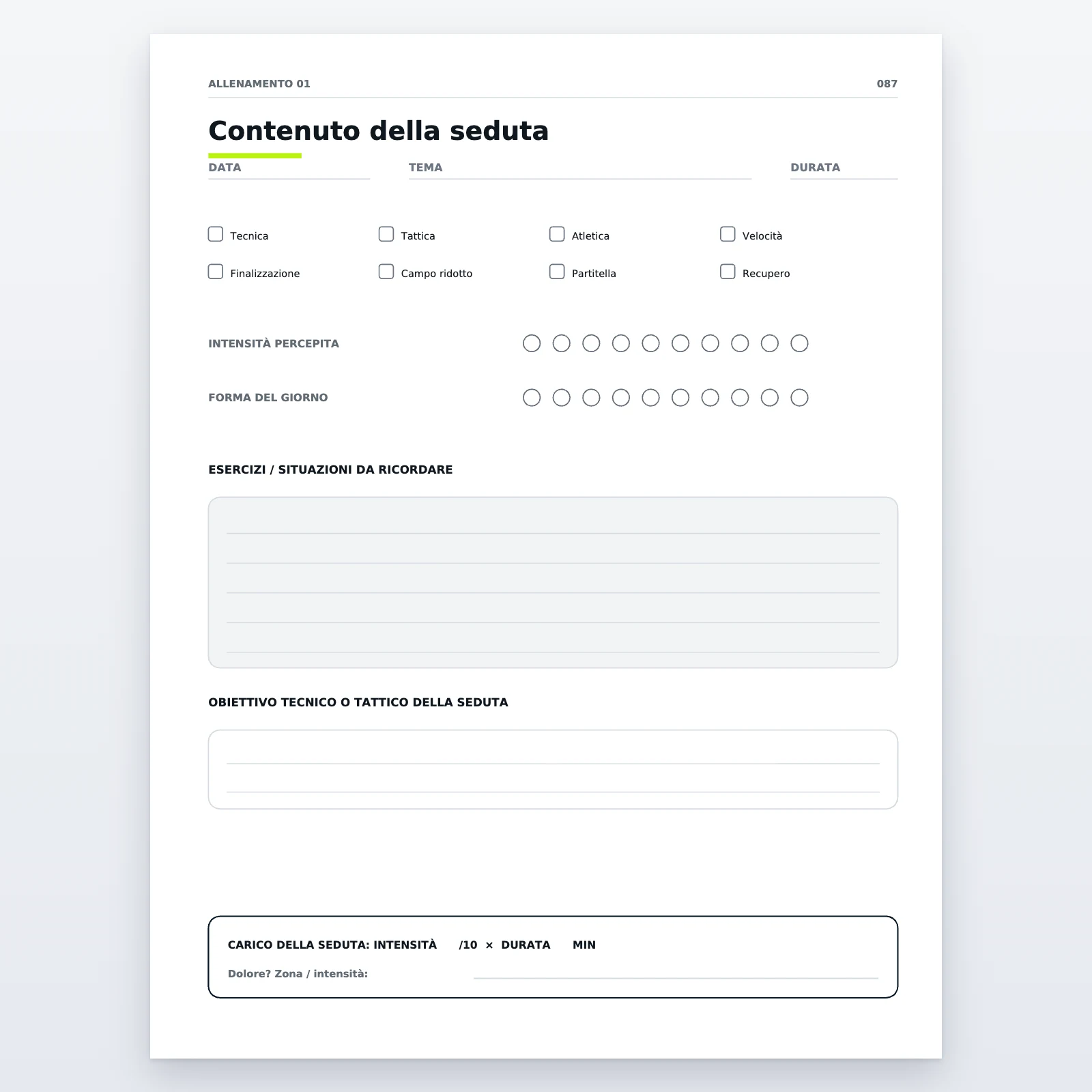 Pagina «Contenuto della seduta» di un allenamento: data, tema, durata, tipo di lavoro da spuntare, intensità percepita, esercizi da ricordare e carico della seduta
