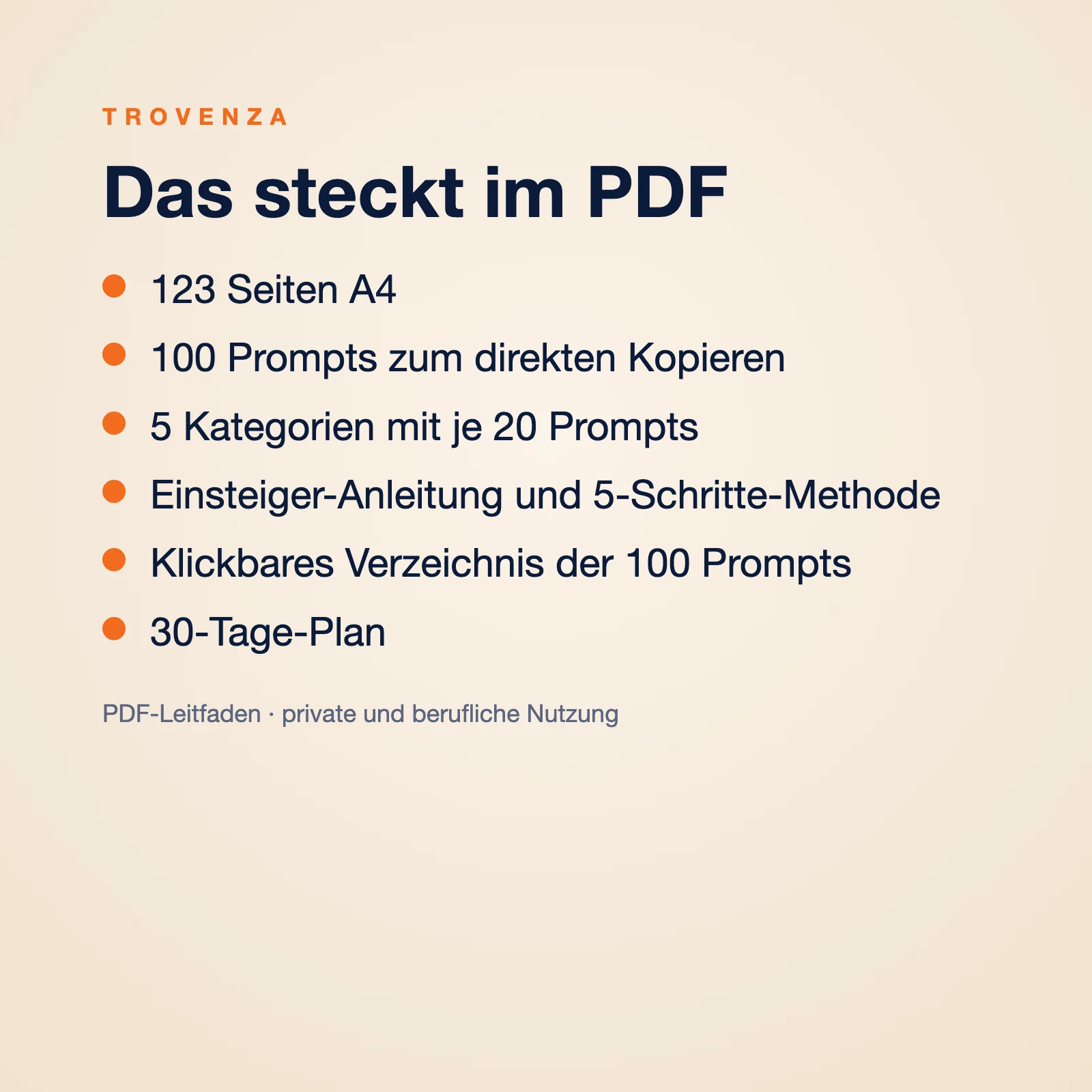 Inhalt des PDFs: 123 Seiten A4, 100 Prompts, 5 Kategorien, Anleitung, klickbares Verzeichnis und 30-Tage-Plan