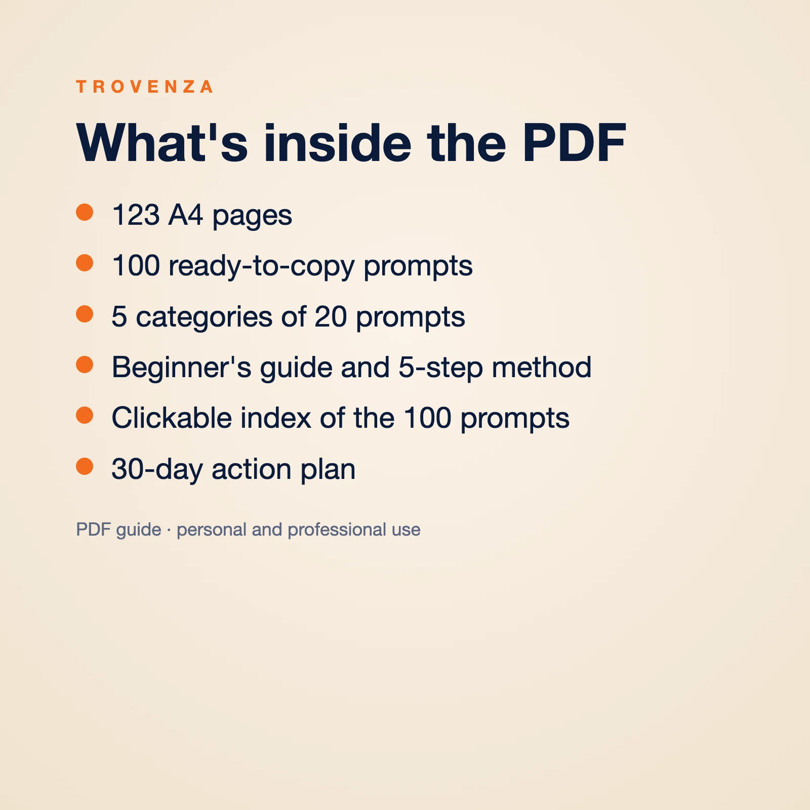 List of the PDF contents: 123 A4 pages, 100 prompts, 5 categories, beginner's guide, clickable index and 30-day plan