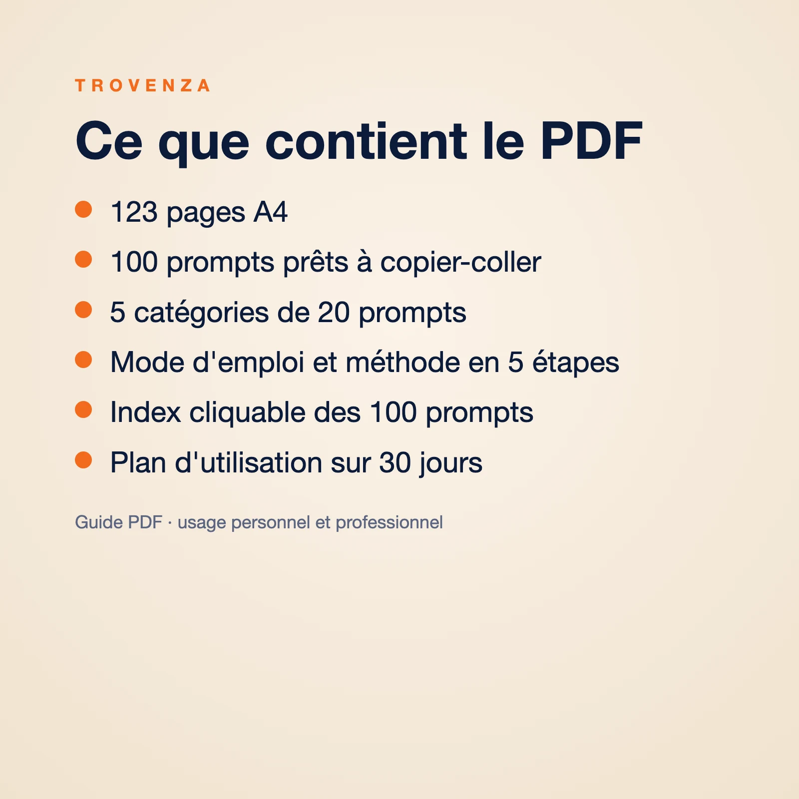 Liste du contenu du PDF : 123 pages A4, 100 prompts, 5 catégories, mode d'emploi, index cliquable et plan sur 30 jours