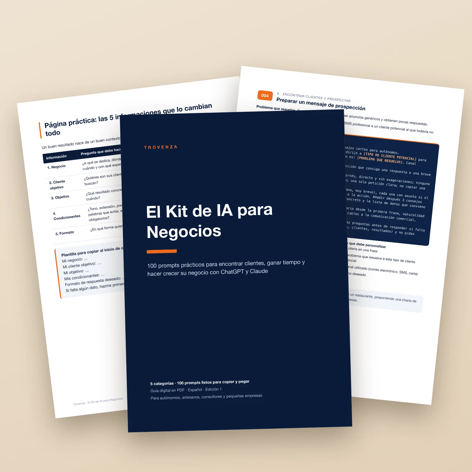 La portada de la guía y dos páginas del PDF (un prompt y la página de las 5 informaciones) sobre una mesa clara