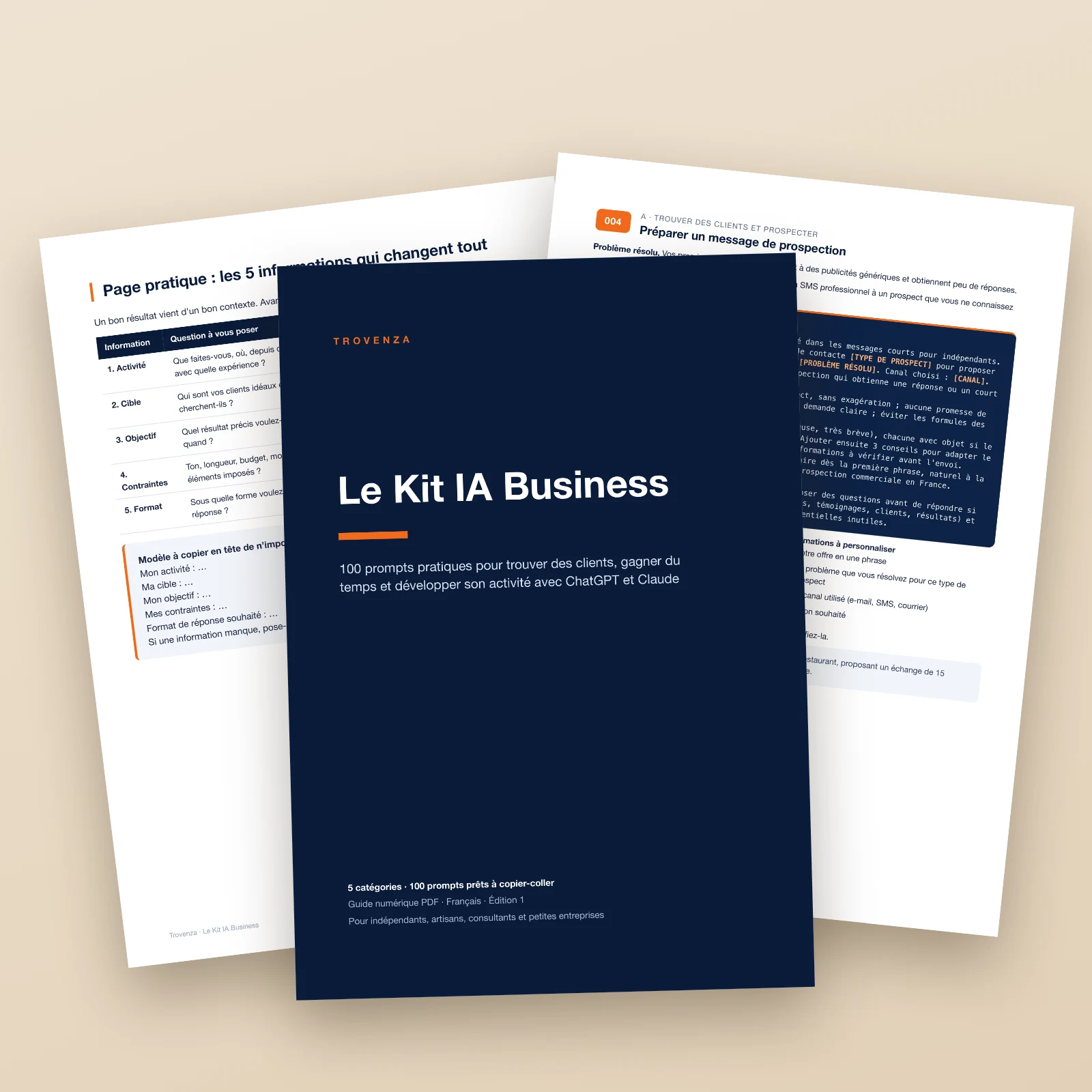 La couverture du guide et deux pages du PDF (un prompt et la page des 5 informations) posées sur une table claire