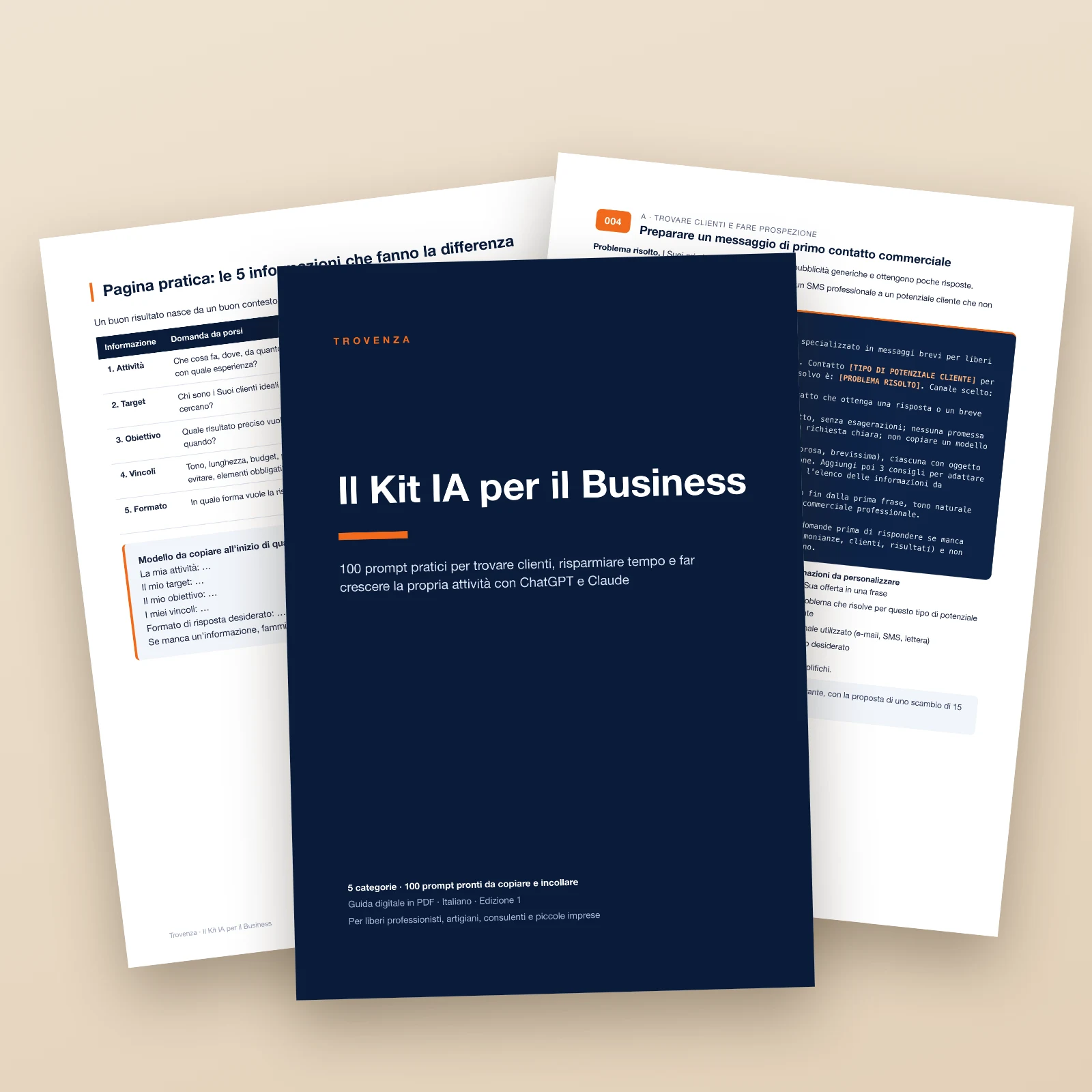 La copertina della guida e due pagine del PDF (un prompt e la pagina delle 5 informazioni) su un tavolo chiaro