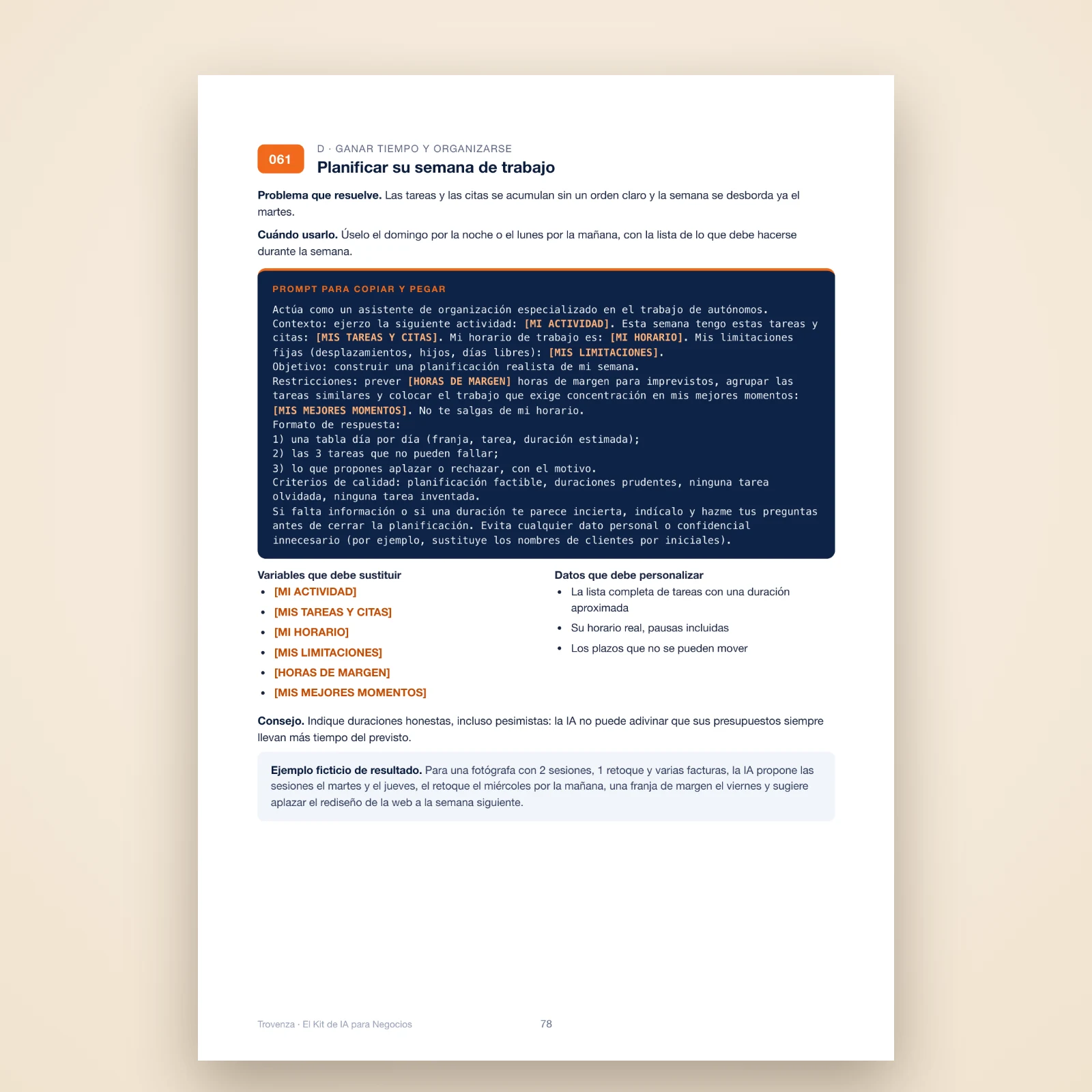 Página del PDF: el prompt n.º 061 para planificar la semana de trabajo, de la categoría Ganar tiempo