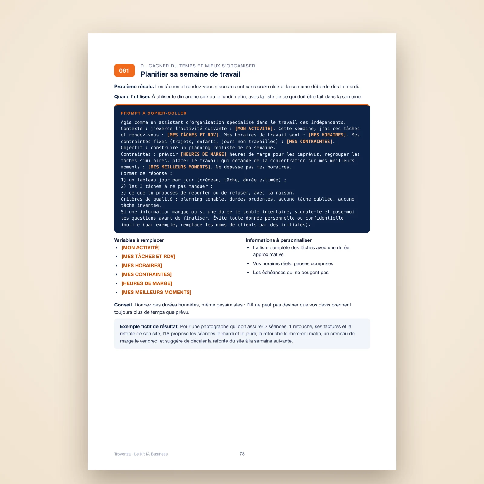 Page du PDF : le prompt n° 061 « Planifier sa semaine de travail » de la catégorie Gagner du temps