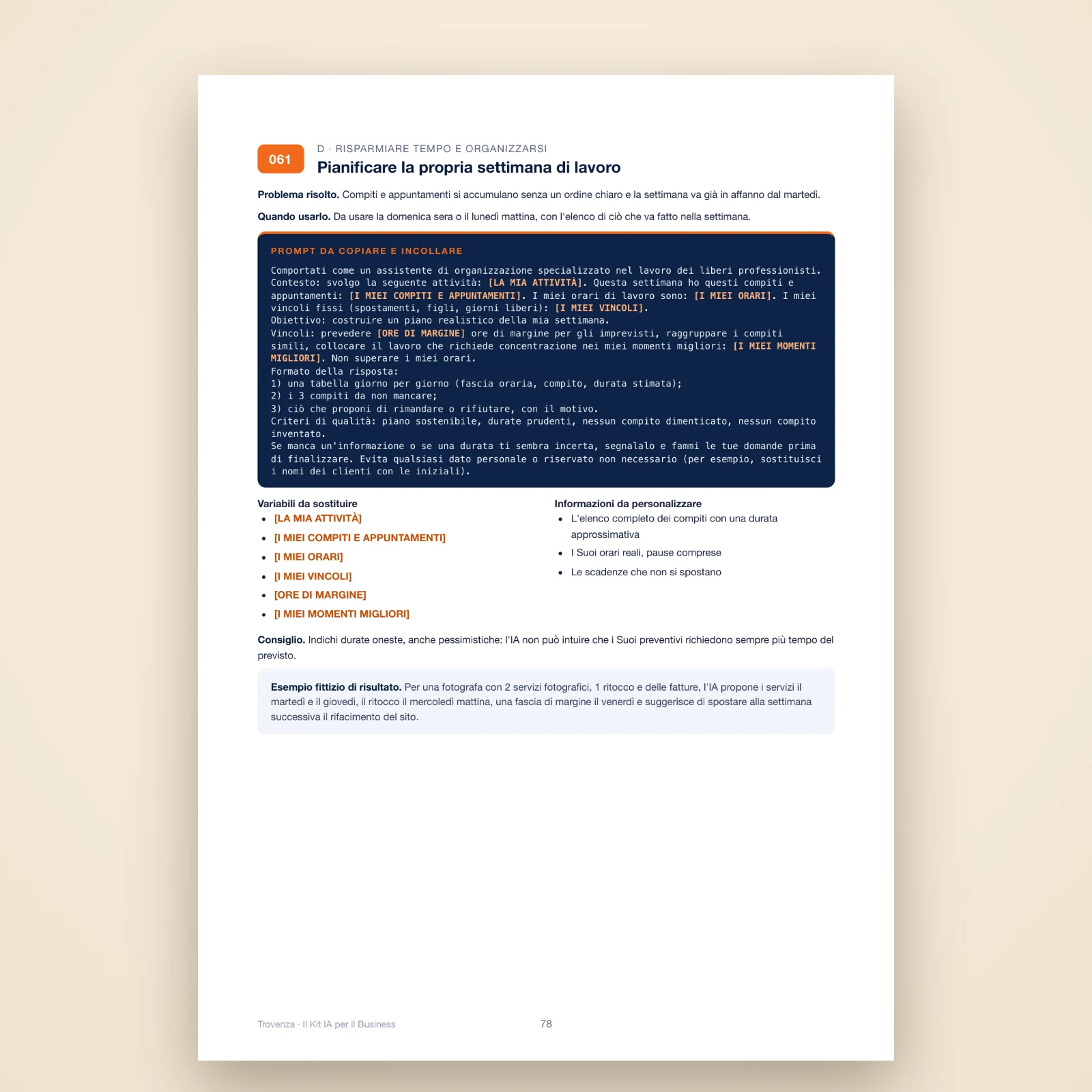 Pagina del PDF: il prompt n. 061 per pianificare la settimana di lavoro, dalla categoria Risparmiare tempo