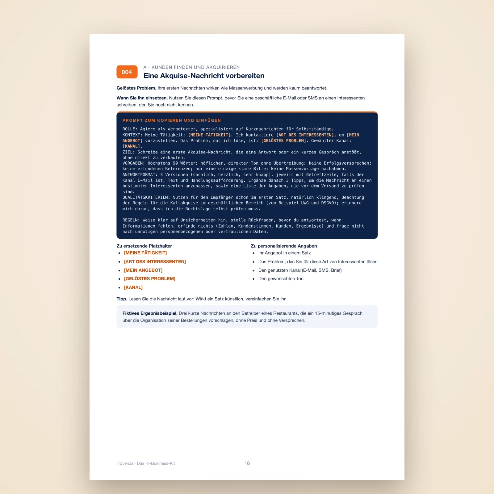 PDF-Seite: Prompt Nr. 004 zur Vorbereitung einer Akquise-Nachricht mit Kopiertext, Platzhaltern und fiktivem Beispiel