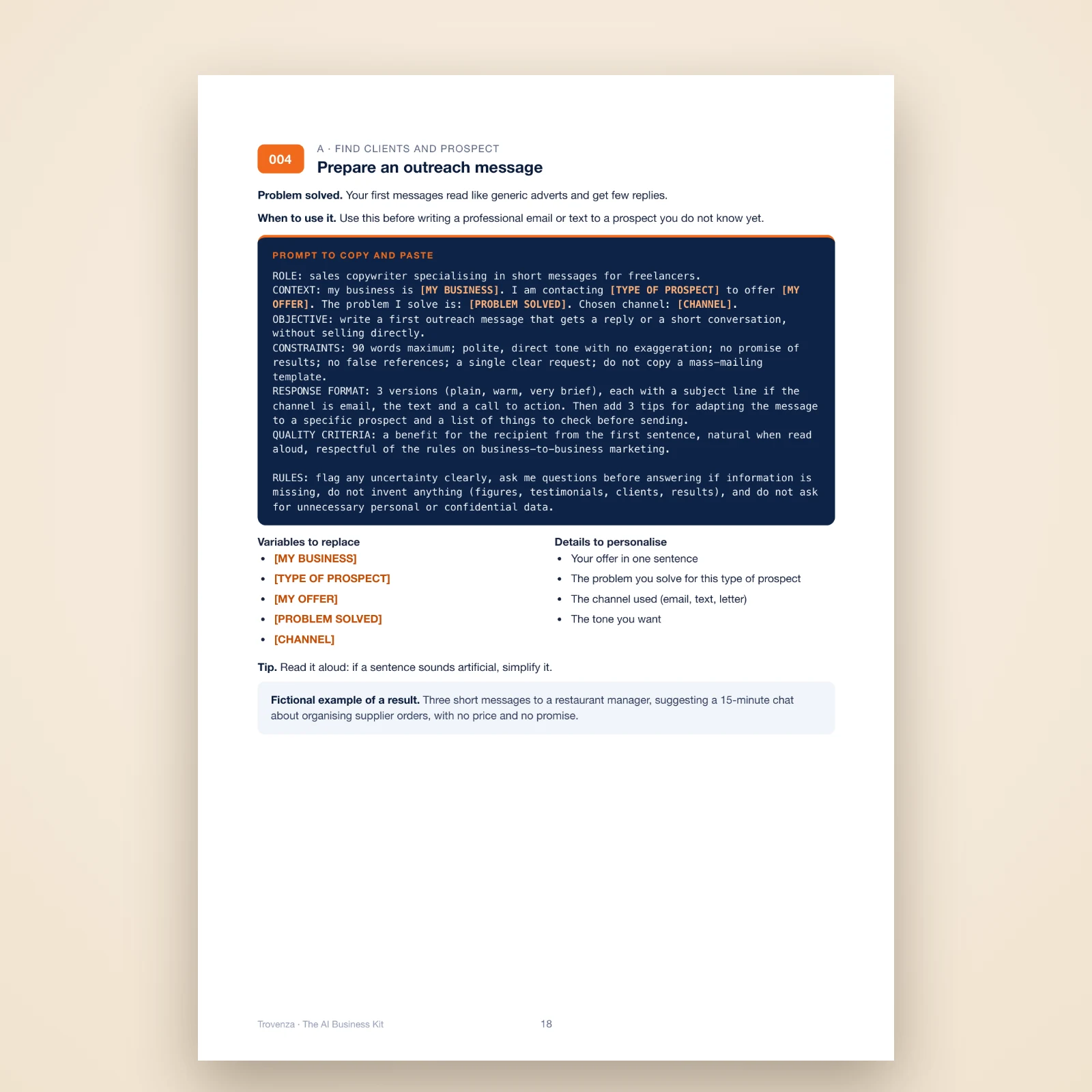 PDF page: prompt no. 004 “Prepare a prospecting message” with copy-and-paste text, variables and a fictional example