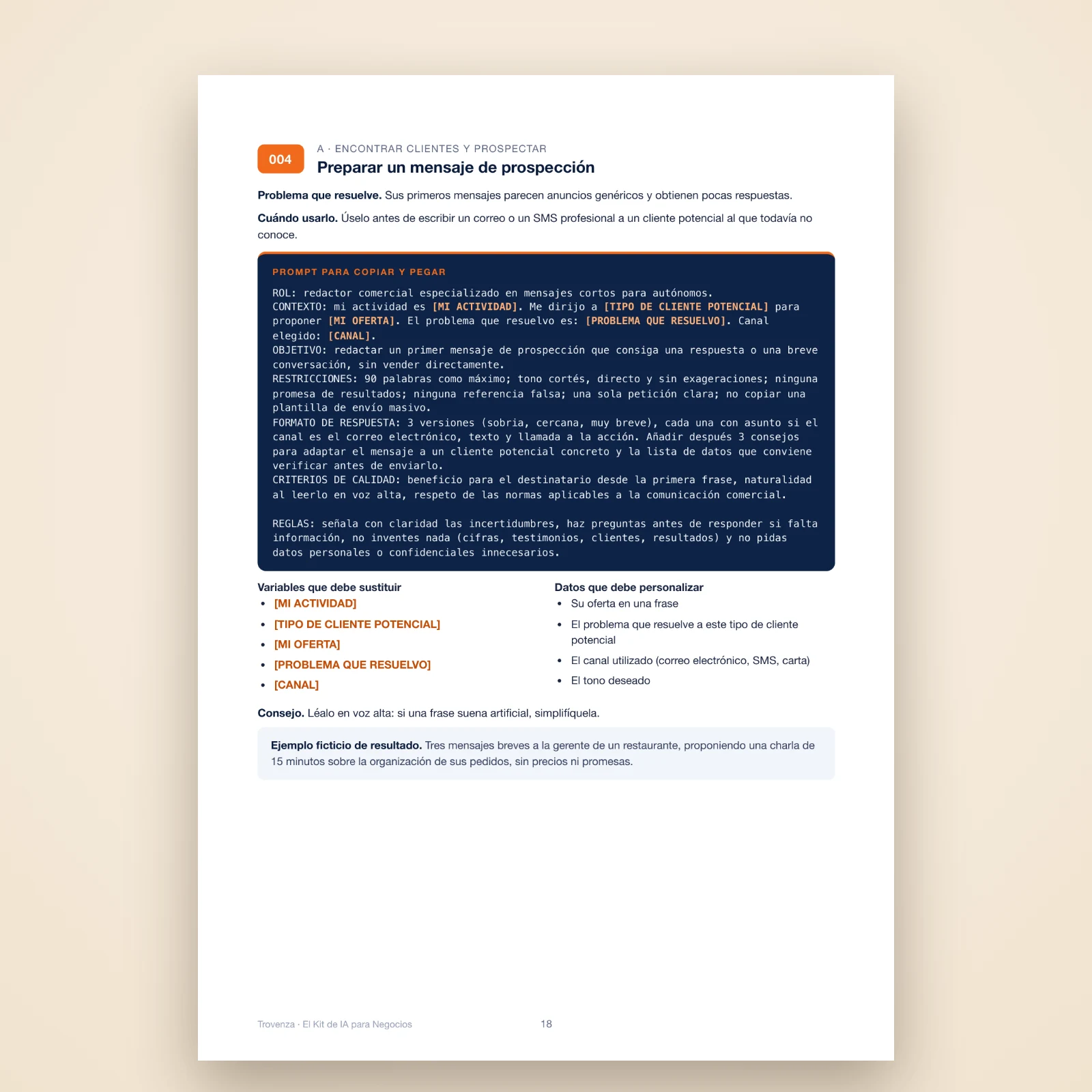 Página del PDF: el prompt n.º 004 para preparar un mensaje de prospección, con texto para copiar, variables y un ejemplo ficticio