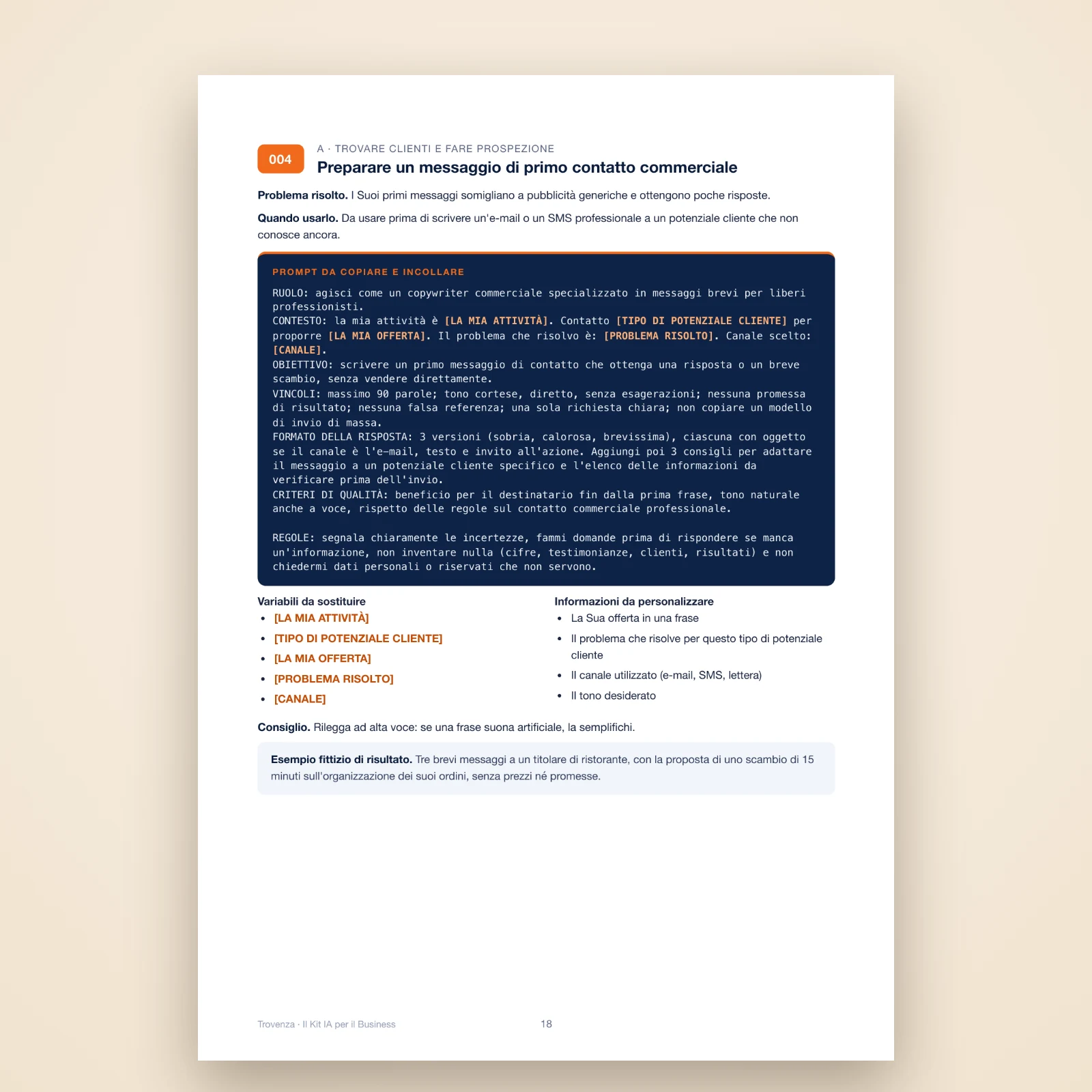 Pagina del PDF: il prompt n. 004 per preparare un messaggio di prospezione, con testo da copiare, variabili ed esempio fittizio