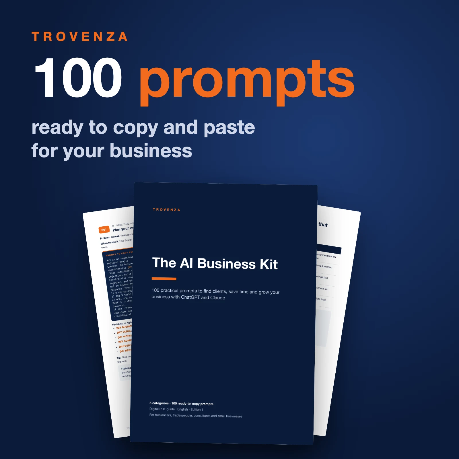 The AI Business Kit: 100 prompts ready to copy and paste for your business, with the cover and two pages of the PDF guide