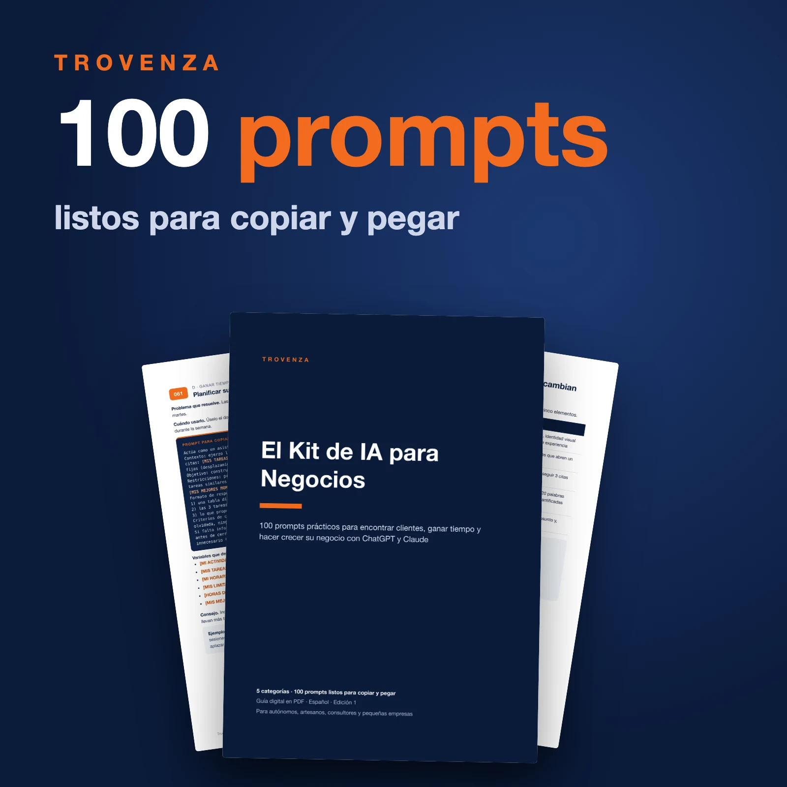 El Kit de IA para Negocios: 100 prompts listos para copiar y pegar, con la portada y dos páginas de la guía en PDF