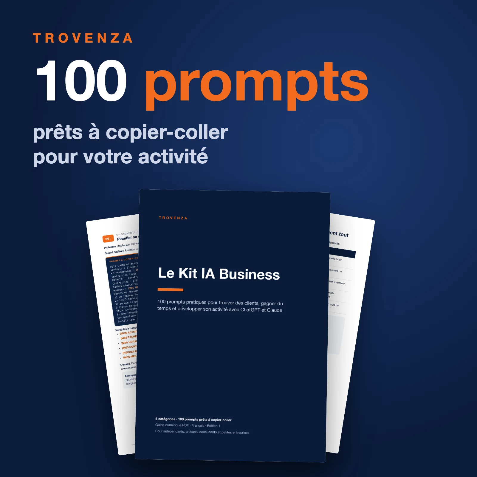 Le Kit IA Business : 100 prompts prêts à copier-coller pour votre activité, avec la couverture et deux pages du guide PDF