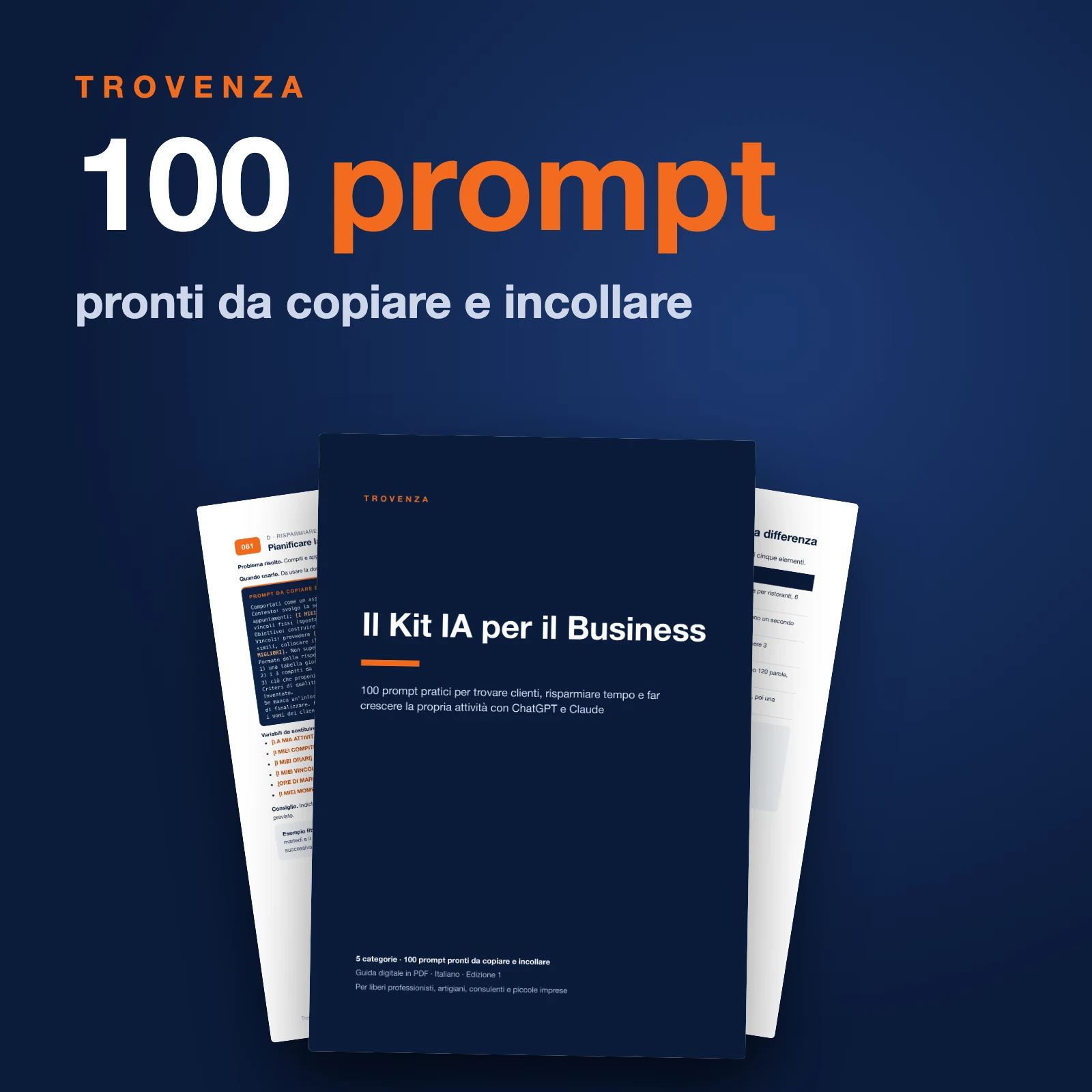 Il Kit IA per il Business: 100 prompt pronti da copiare e incollare, con la copertina e due pagine della guida PDF
